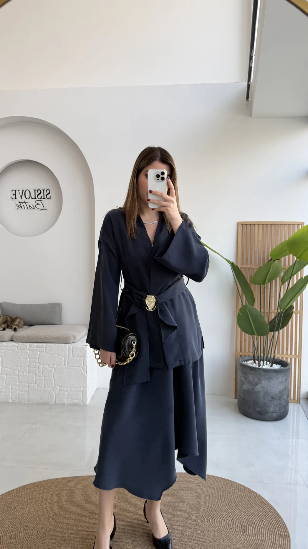 Sienna Aksesuar Kuşaklı Kimono-Etek Takım - Lacivert - Kod: 7047 5063