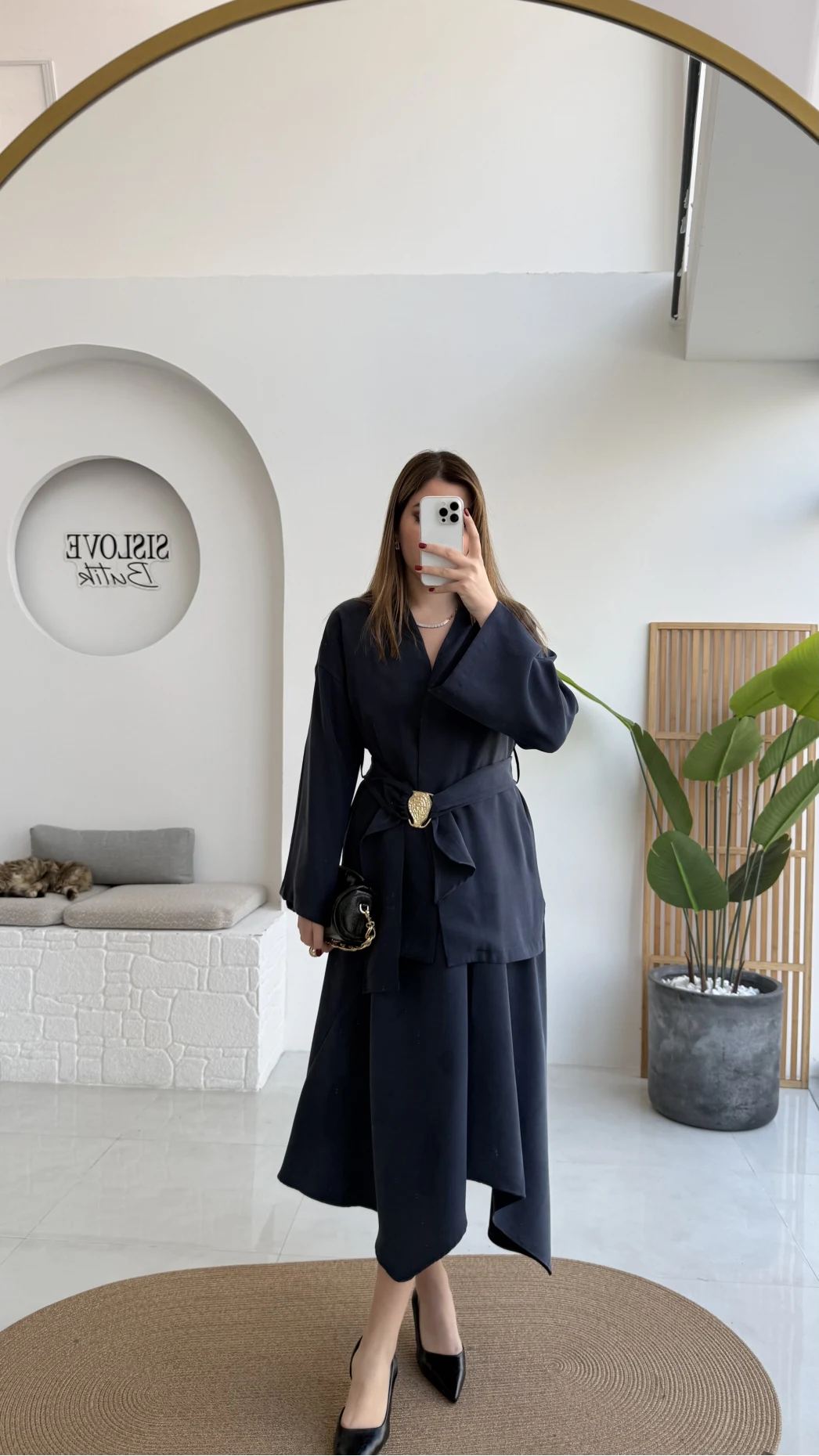 Sienna Aksesuar Kuşaklı Kimono-Etek Takım - Lacivert - Kod: 7047 5063