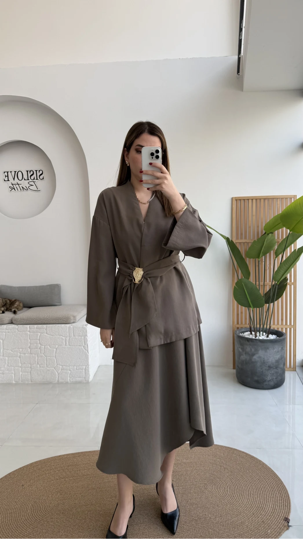 Sienna Aksesuar Kuşaklı Kimono-Etek Takım - Haki - Kod: 7047 5063