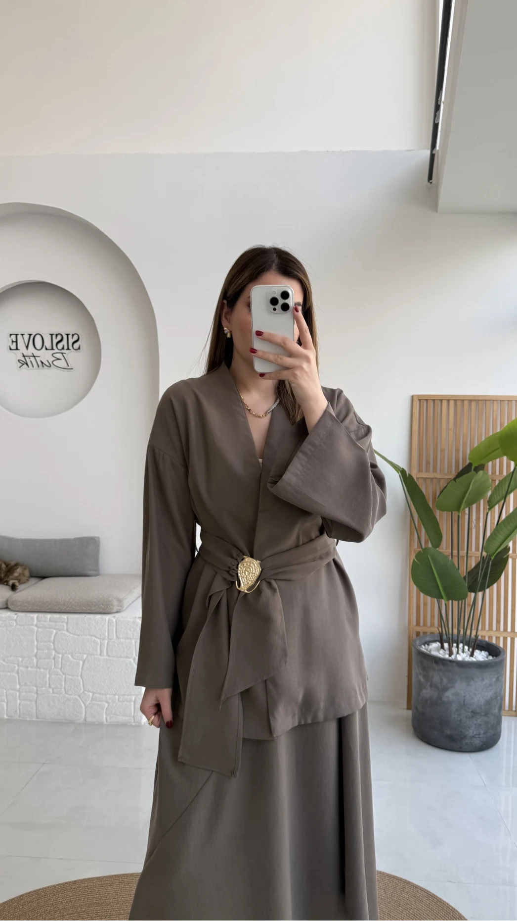 Sienna Aksesuar Kuşaklı Kimono-Etek Takım - Haki - Kod: 7047 5063