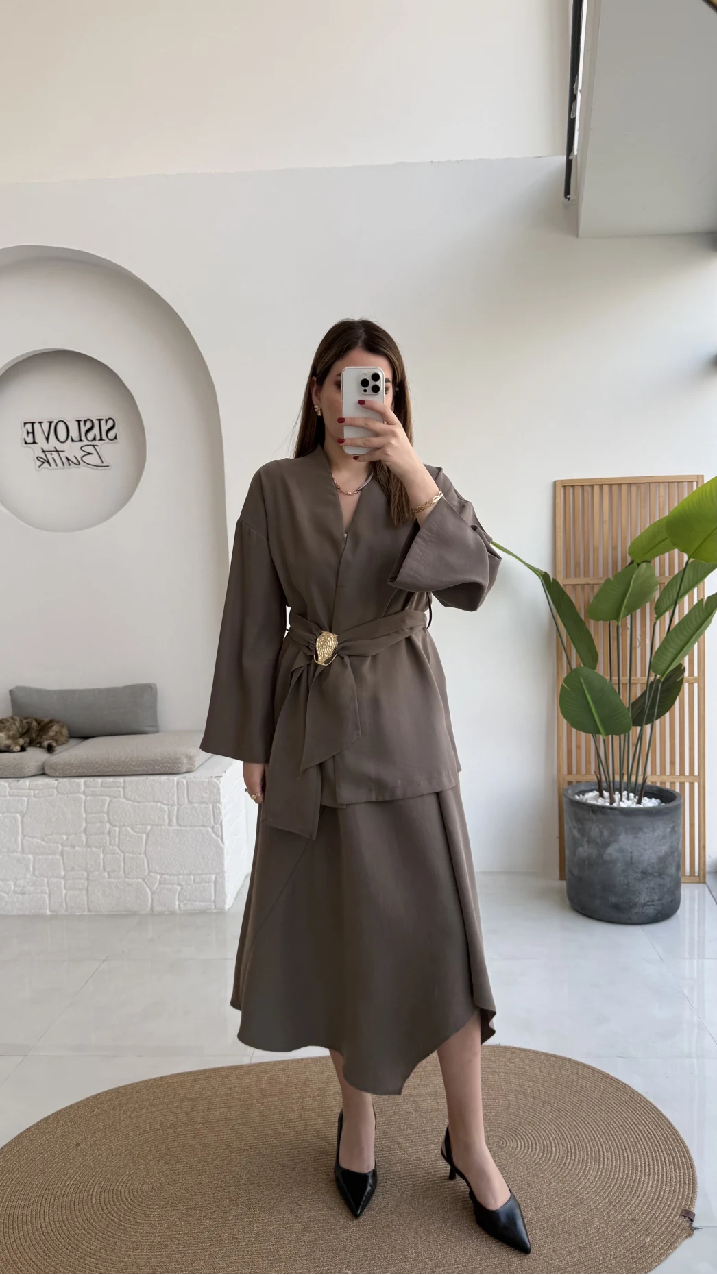 Sienna Aksesuar Kuşaklı Kimono-Etek Takım - Haki - Kod: 7047 5063