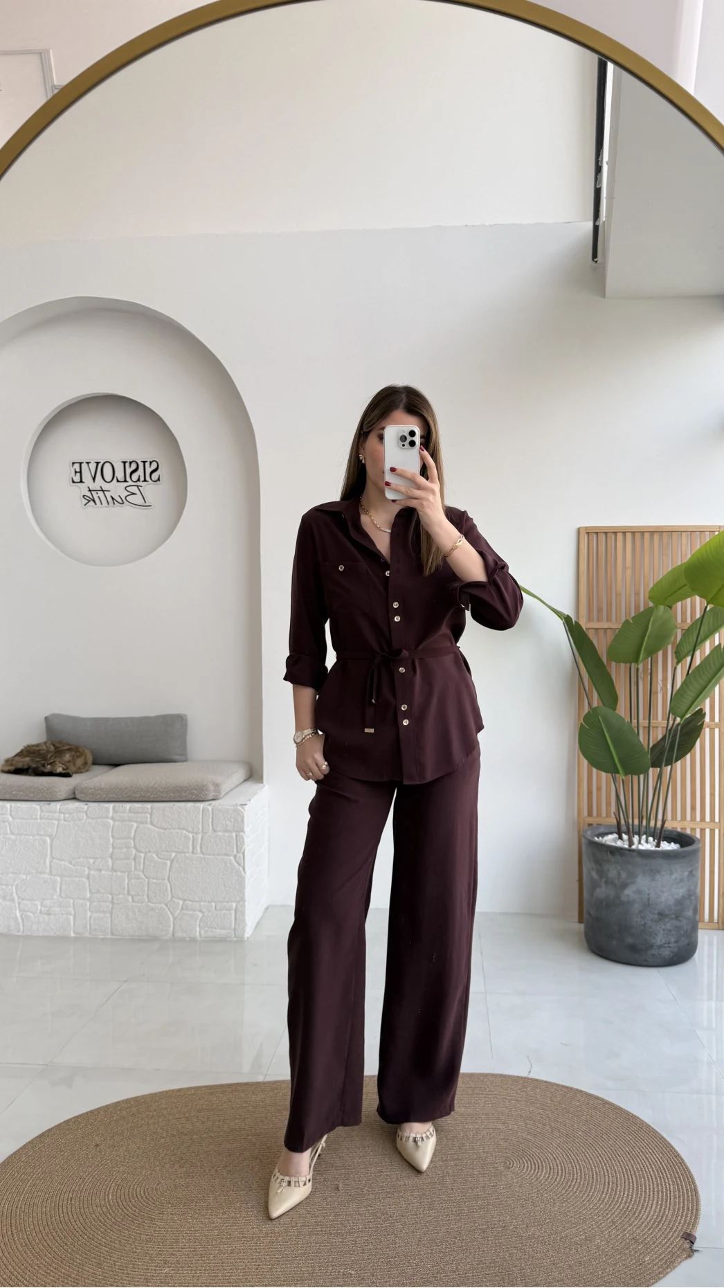 Chesley Kuşaklı Gömlek-Pantolon Takım - Bordo - Kod: 51280