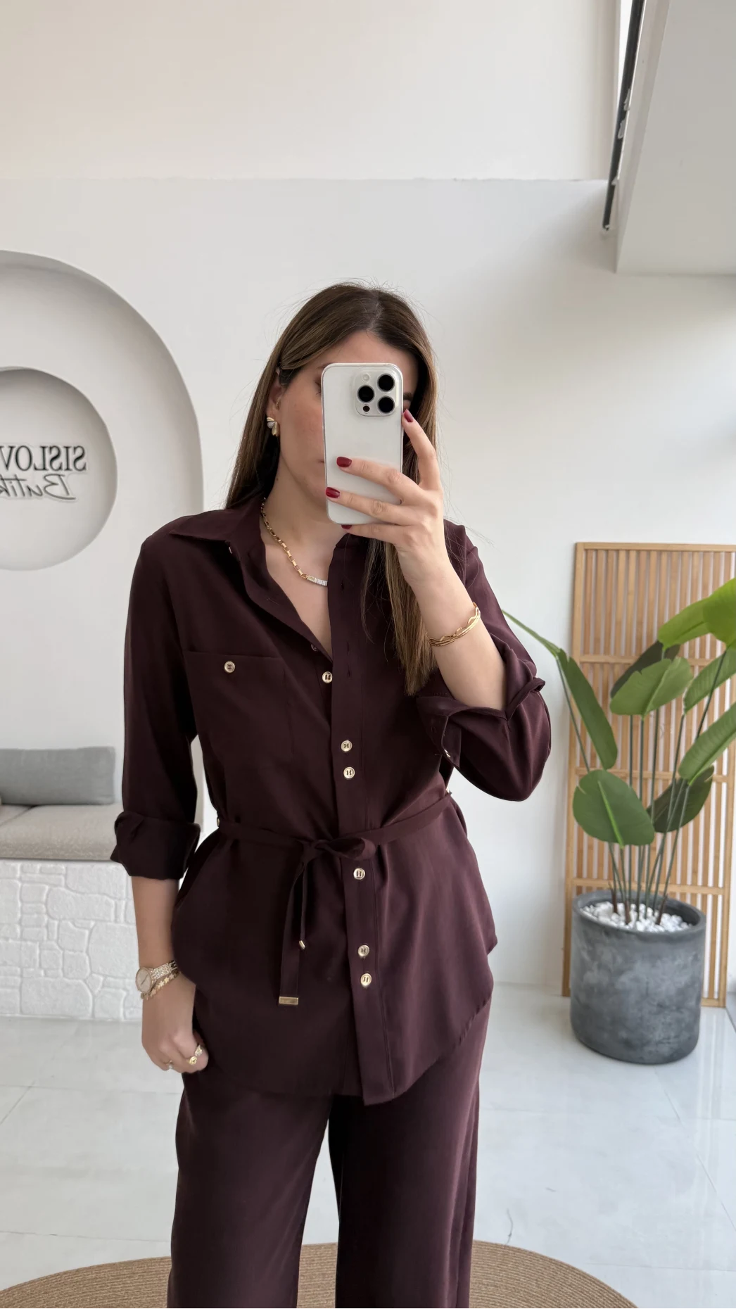 Chesley Kuşaklı Gömlek-Pantolon Takım - Bordo - Kod: 51280