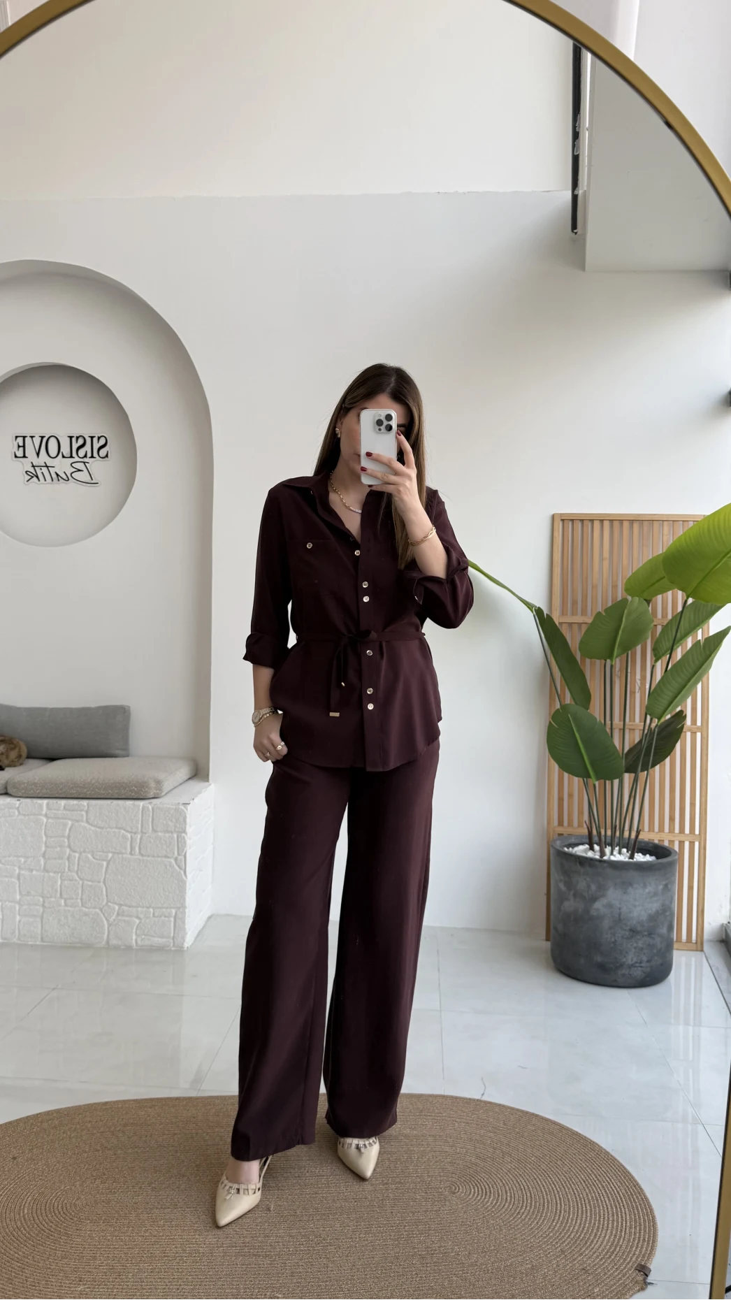 Chesley Kuşaklı Gömlek-Pantolon Takım - Bordo - Kod: 51280