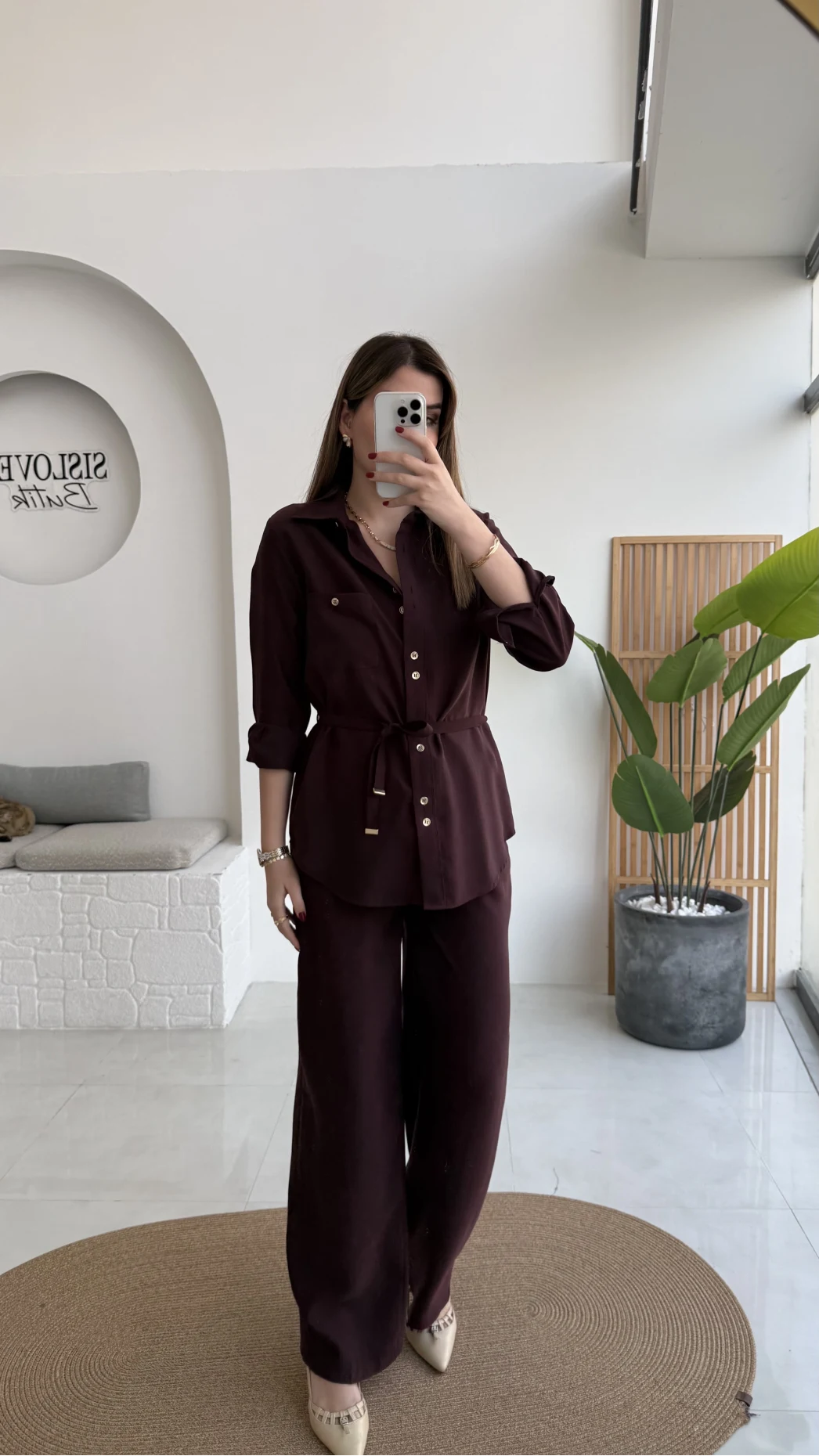 Chesley Kuşaklı Gömlek-Pantolon Takım - Bordo - Kod: 51280