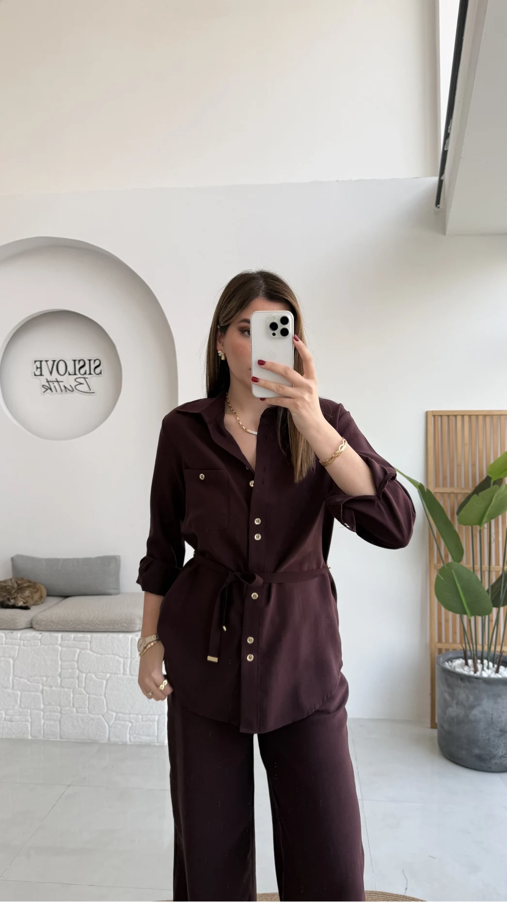 Chesley Kuşaklı Gömlek-Pantolon Takım - Bordo - Kod: 51280