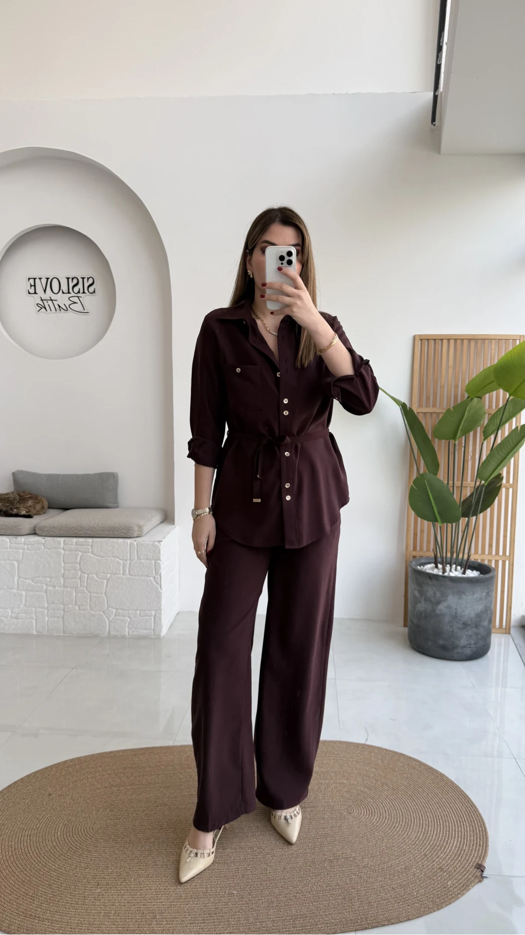 Chesley Kuşaklı Gömlek-Pantolon Takım - Bordo - Kod: 51280