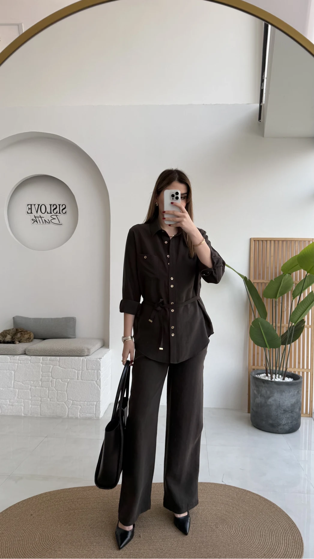 Chesley Kuşaklı Gömlek-Pantolon Takım - Kahve - Kod: 51280