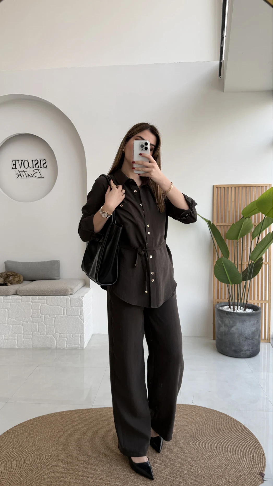 Chesley Kuşaklı Gömlek-Pantolon Takım - Kahve - Kod: 51280