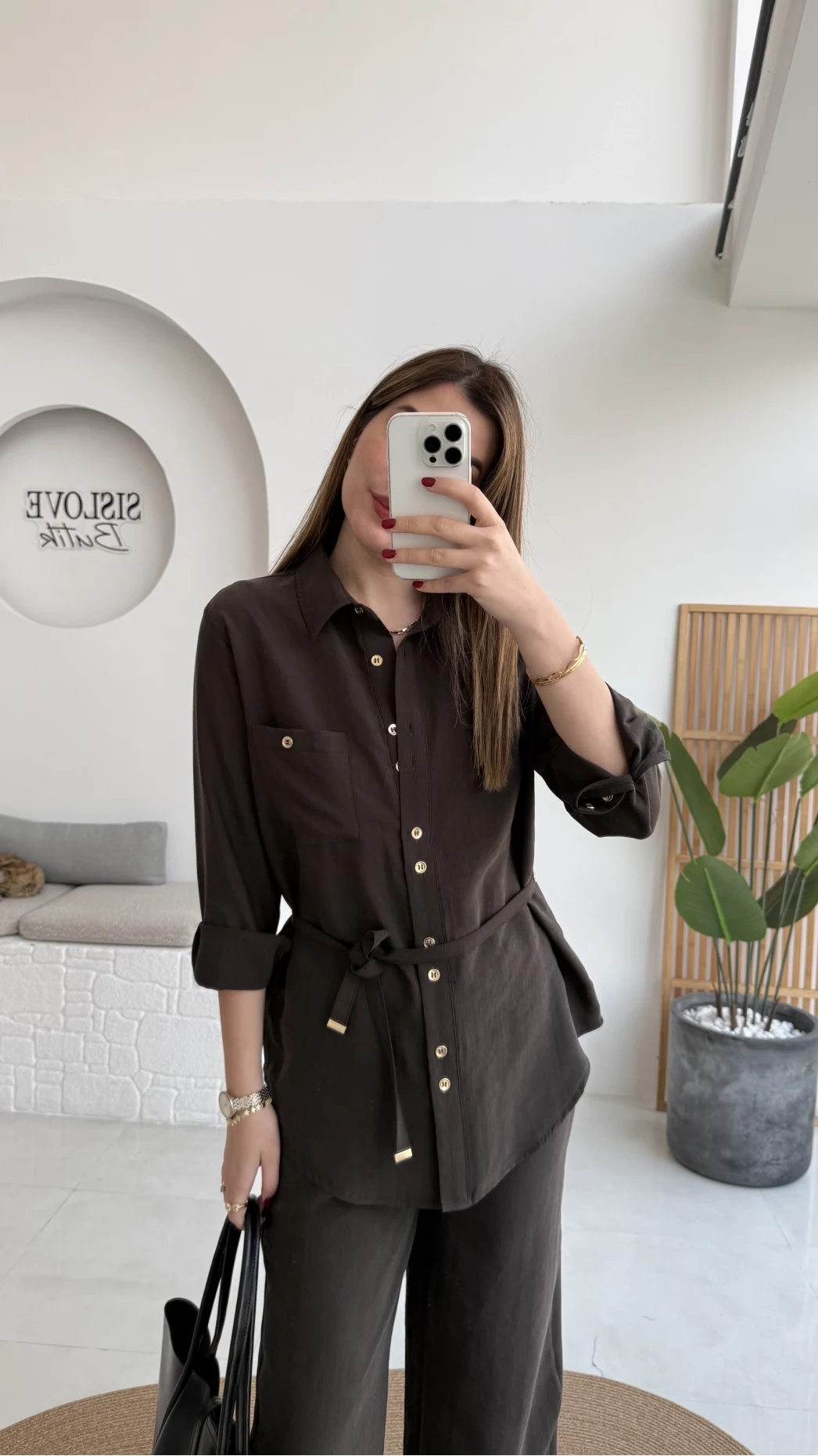 Chesley Kuşaklı Gömlek-Pantolon Takım - Kahve - Kod: 51280