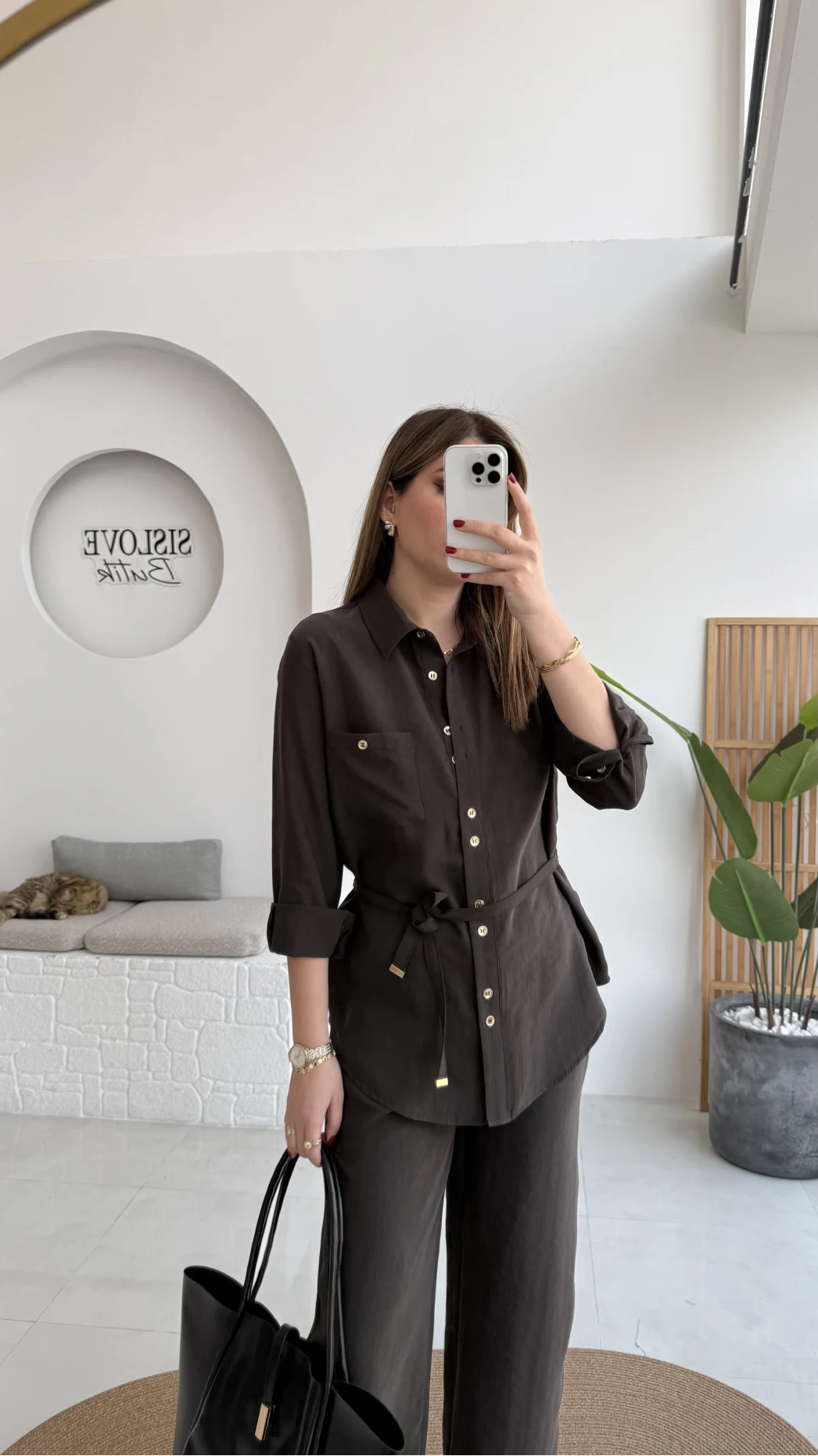 Chesley Kuşaklı Gömlek-Pantolon Takım - Kahve - Kod: 51280