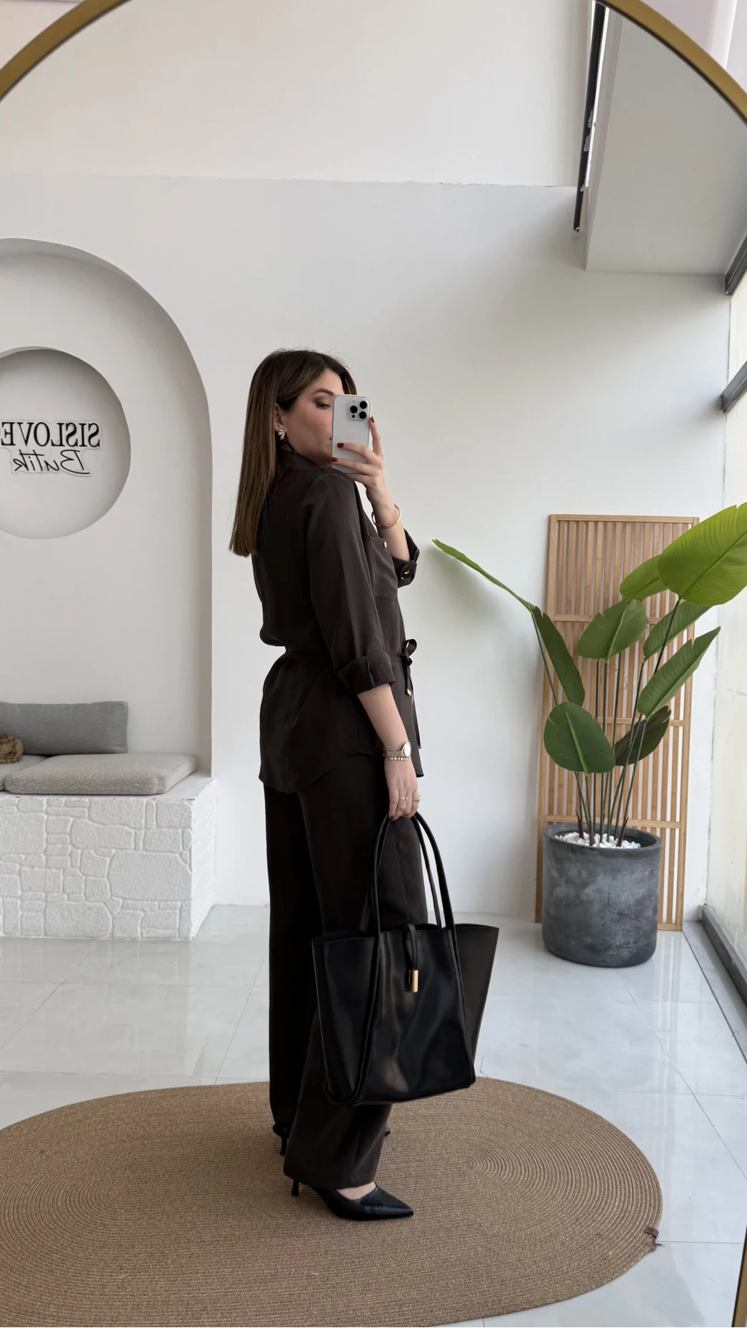 Chesley Kuşaklı Gömlek-Pantolon Takım - Kahve - Kod: 51280