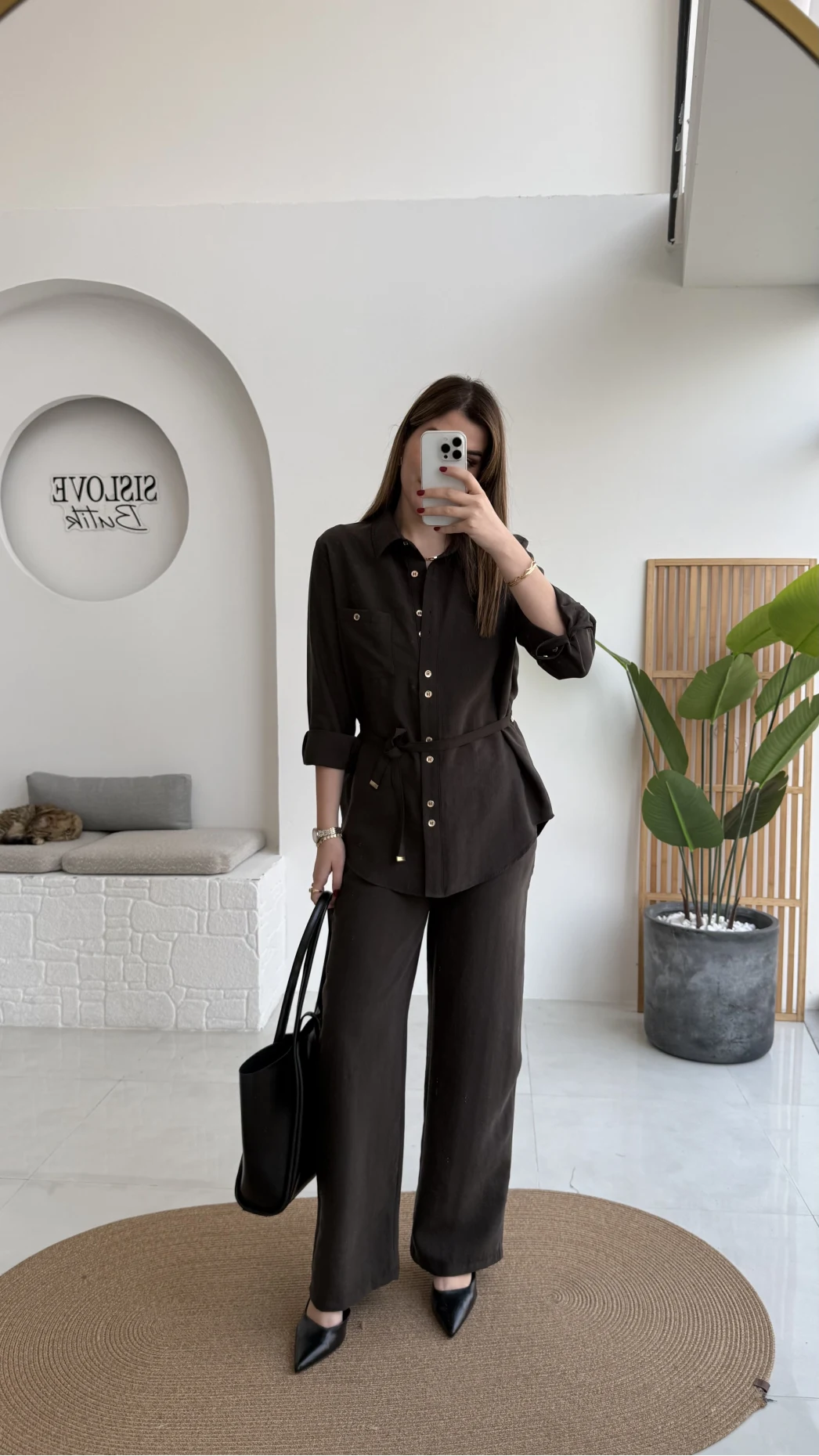 Chesley Kuşaklı Gömlek-Pantolon Takım - Kahve - Kod: 51280