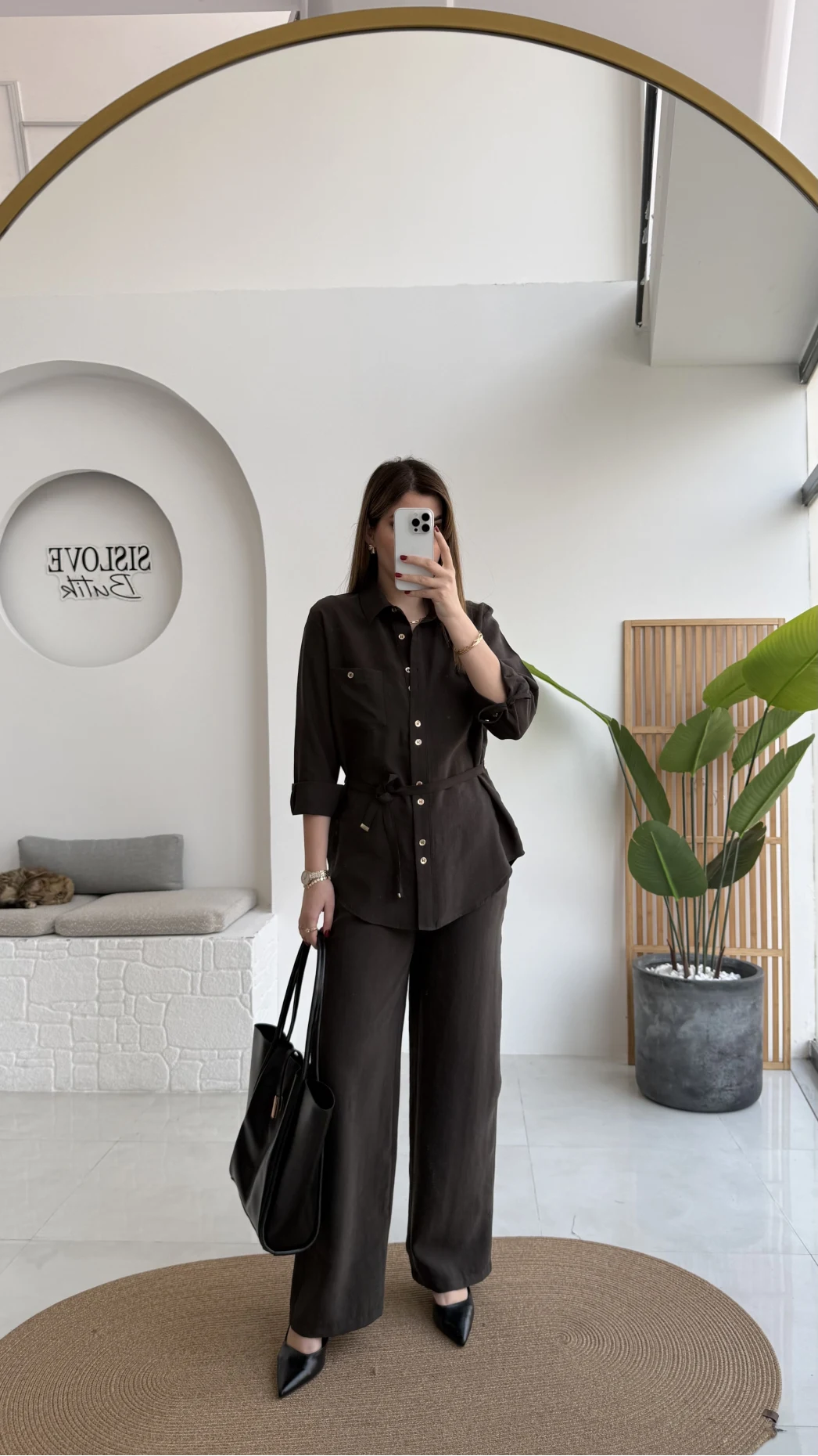 Chesley Kuşaklı Gömlek-Pantolon Takım - Kahve - Kod: 51280