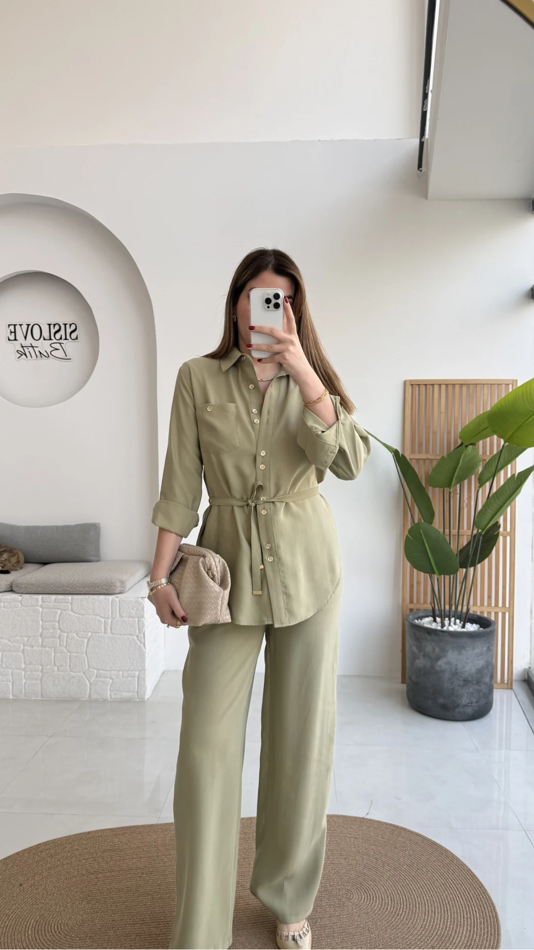 Chesley Kuşaklı Gömlek-Pantolon Takım - Açık Haki - Kod: 51280