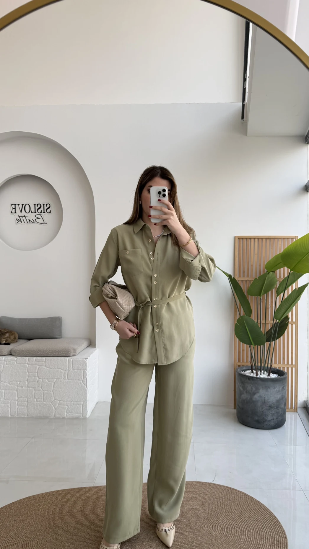 Chesley Kuşaklı Gömlek-Pantolon Takım - Açık Haki - Kod: 51280