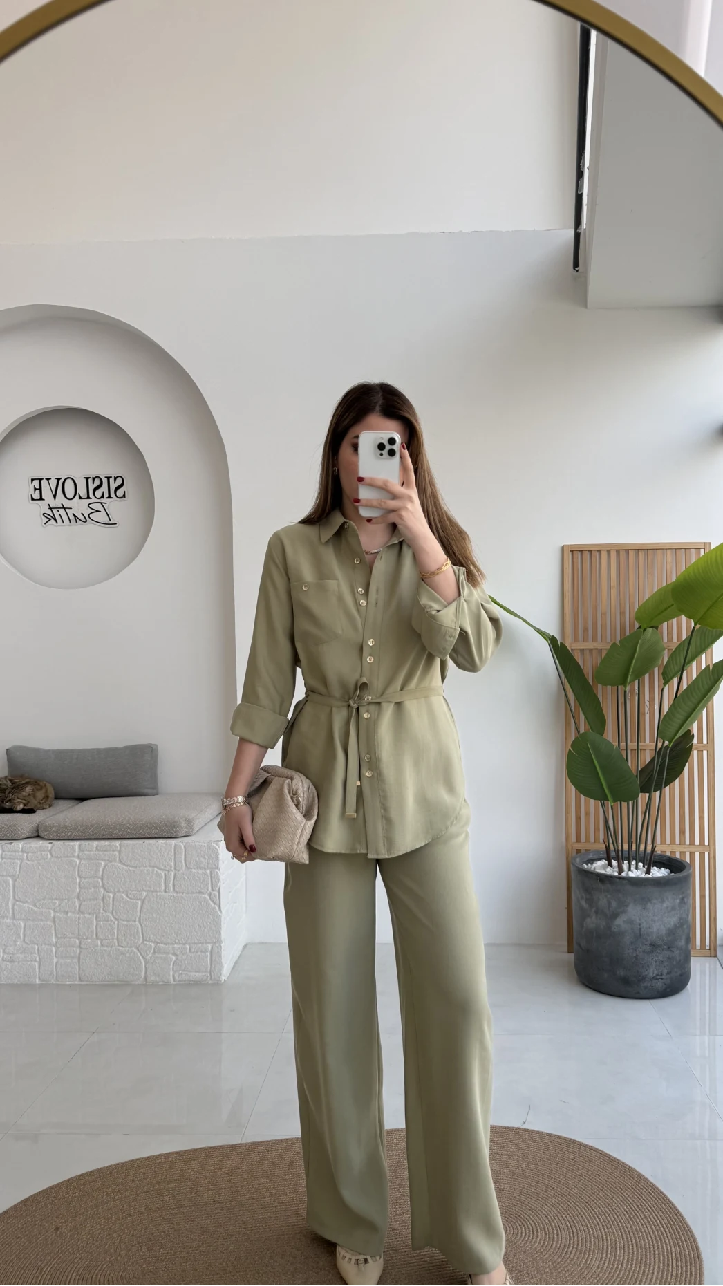 Chesley Kuşaklı Gömlek-Pantolon Takım - Açık Haki - Kod: 51280