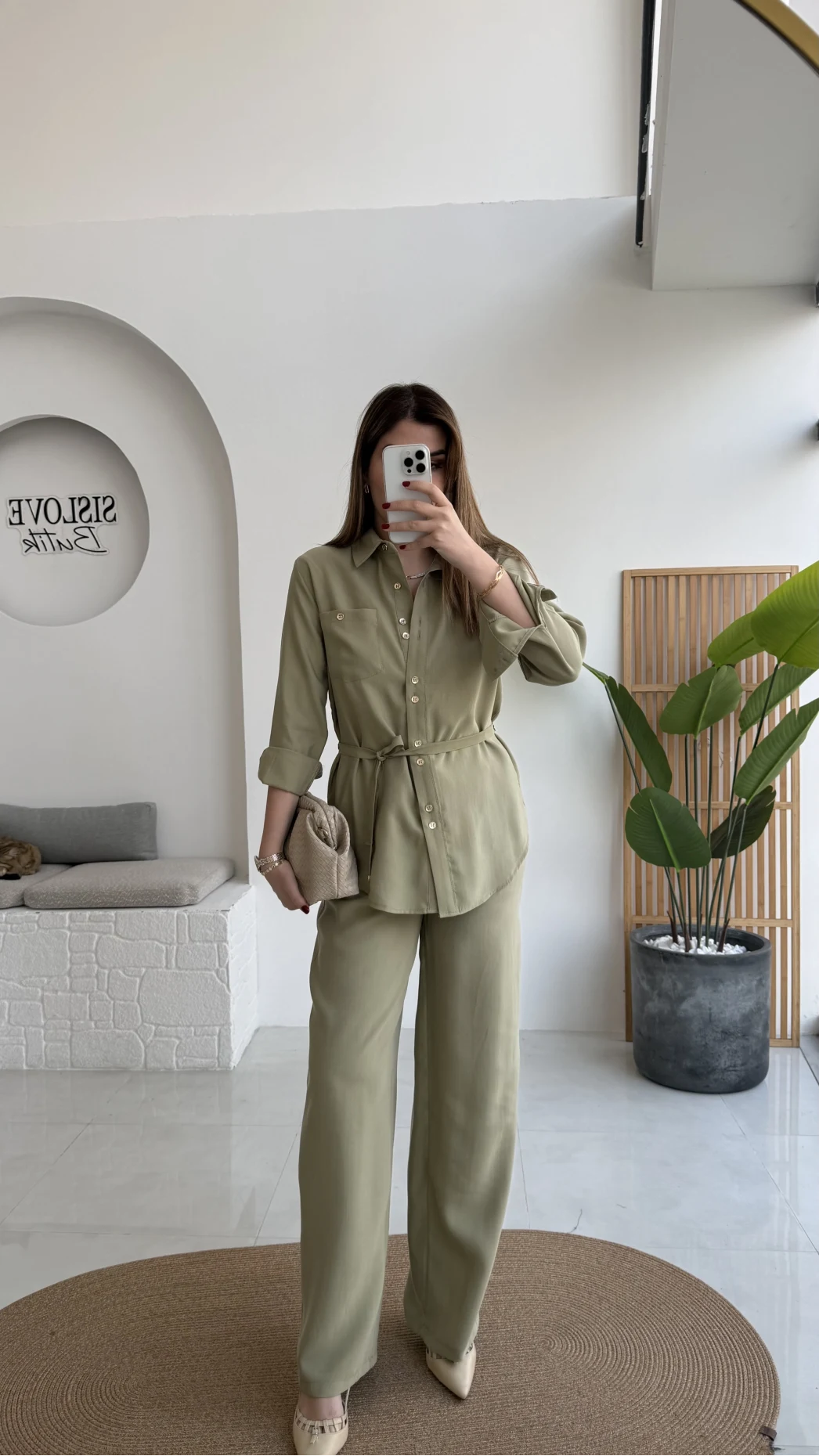 Chesley Kuşaklı Gömlek-Pantolon Takım - Açık Haki - Kod: 51280