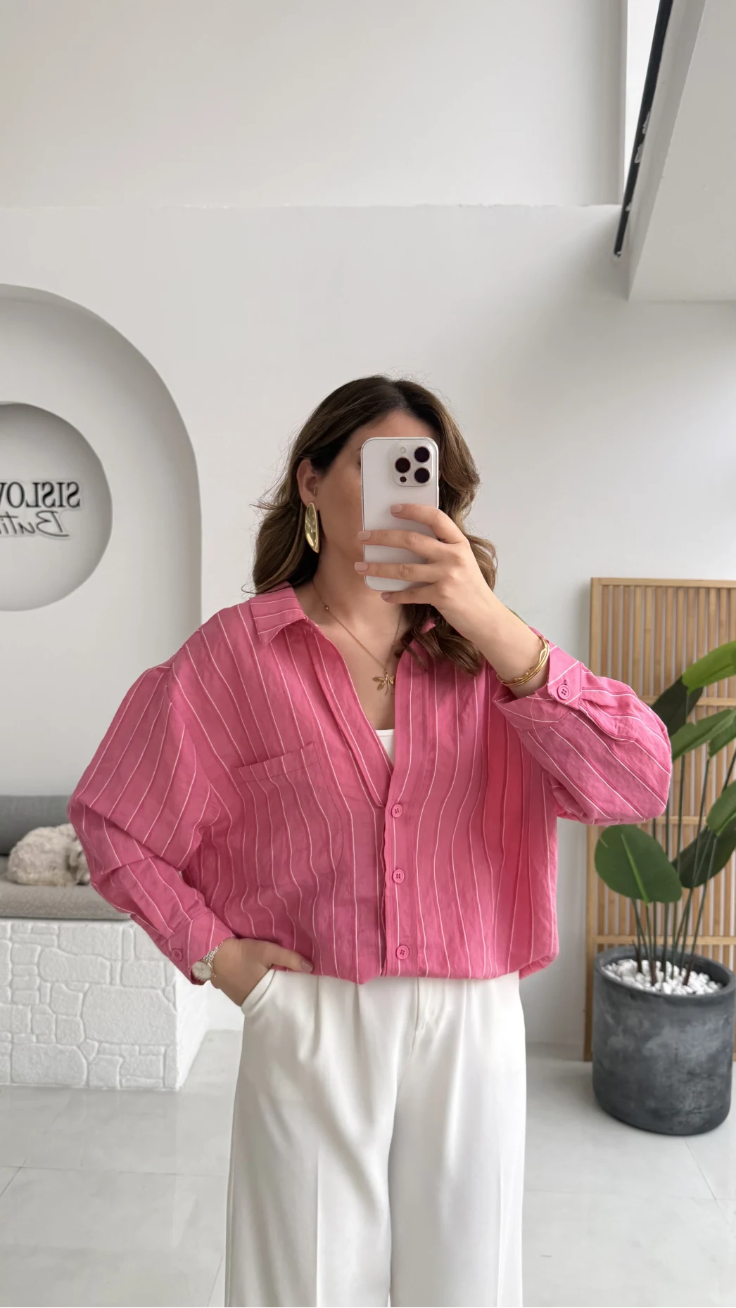 Tensel V Yaka Çizgili Gömlek - Pembe - Kod: 4758