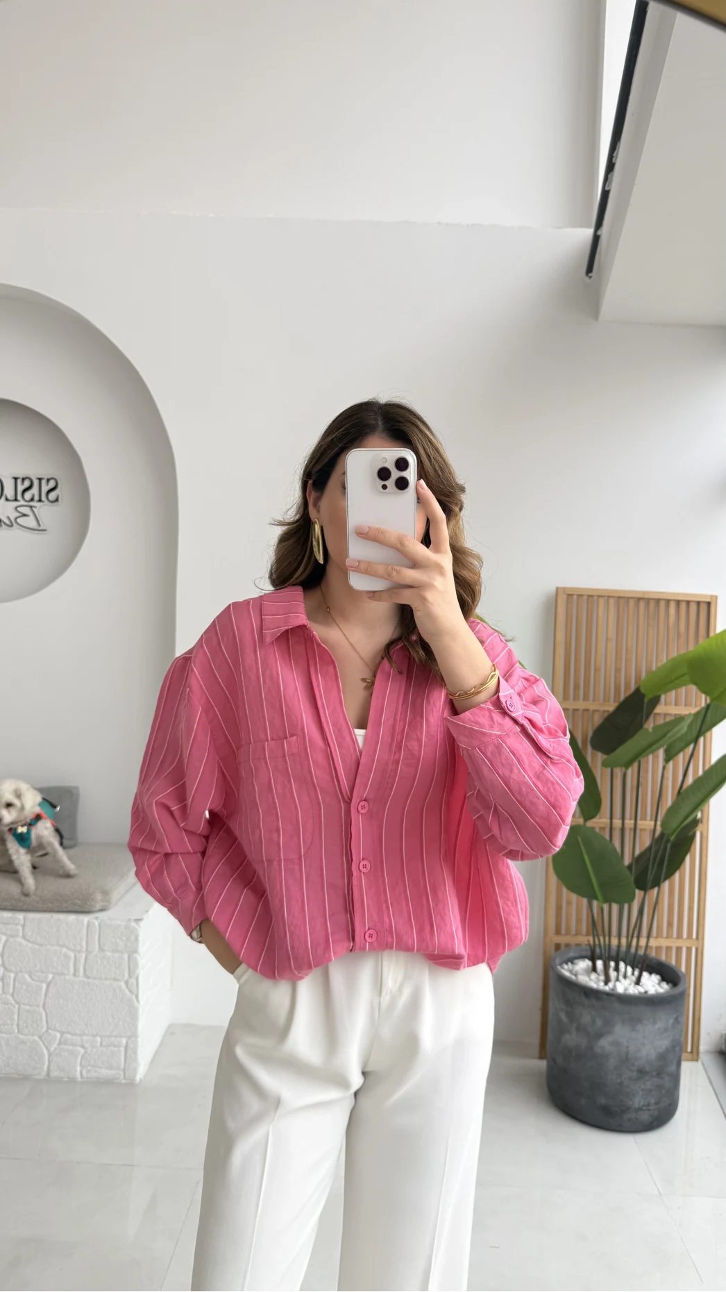 Tensel V Yaka Çizgili Gömlek - Pembe - Kod: 4758