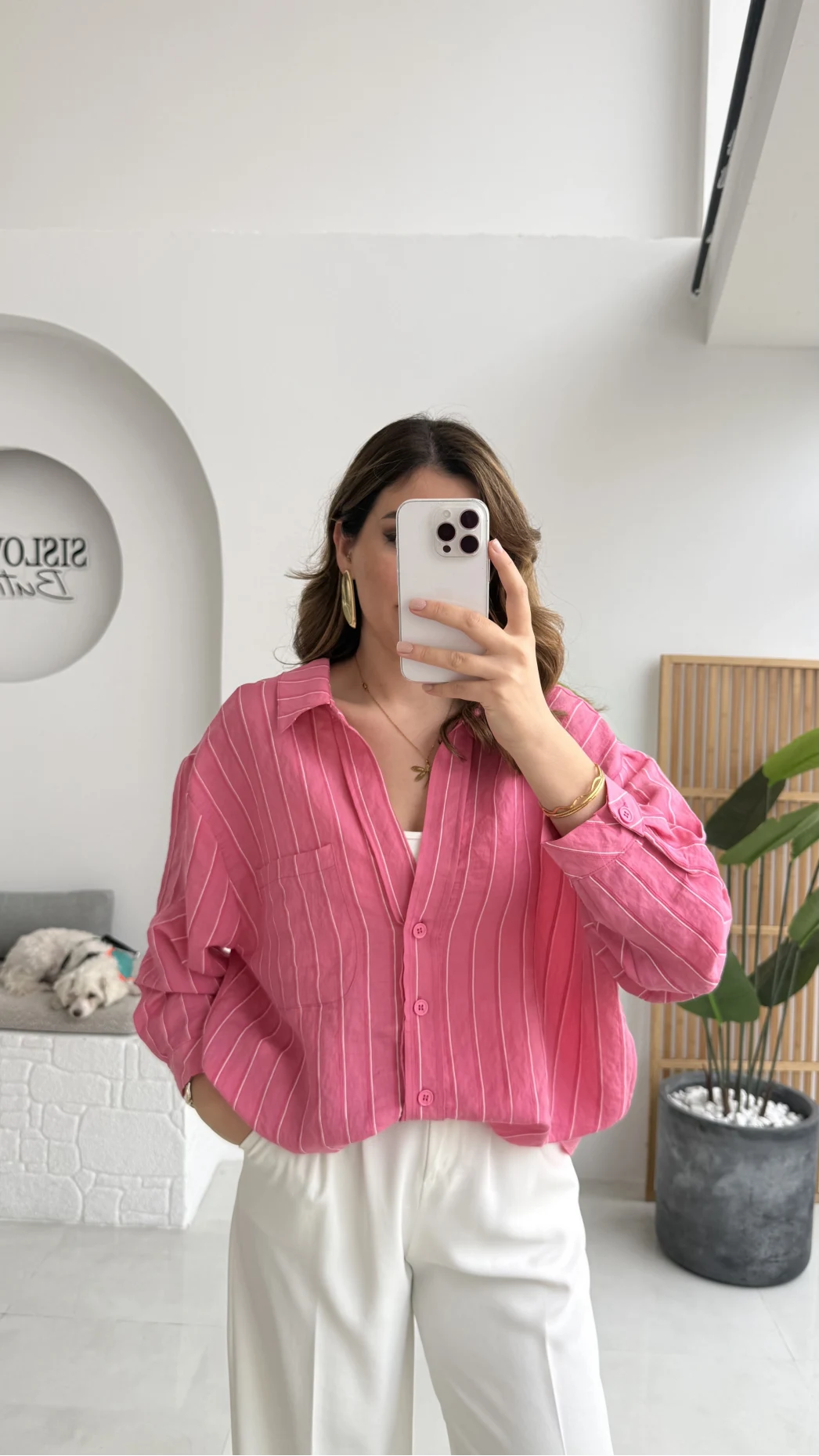 Tensel V Yaka Çizgili Gömlek - Pembe - Kod: 4758