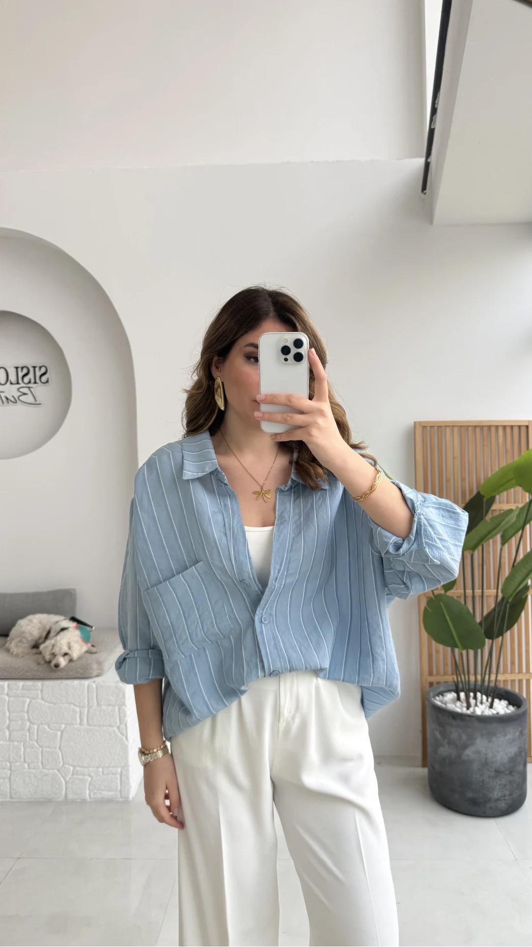 Tensel V Yaka Çizgili Gömlek - İndigo - Kod: 4758