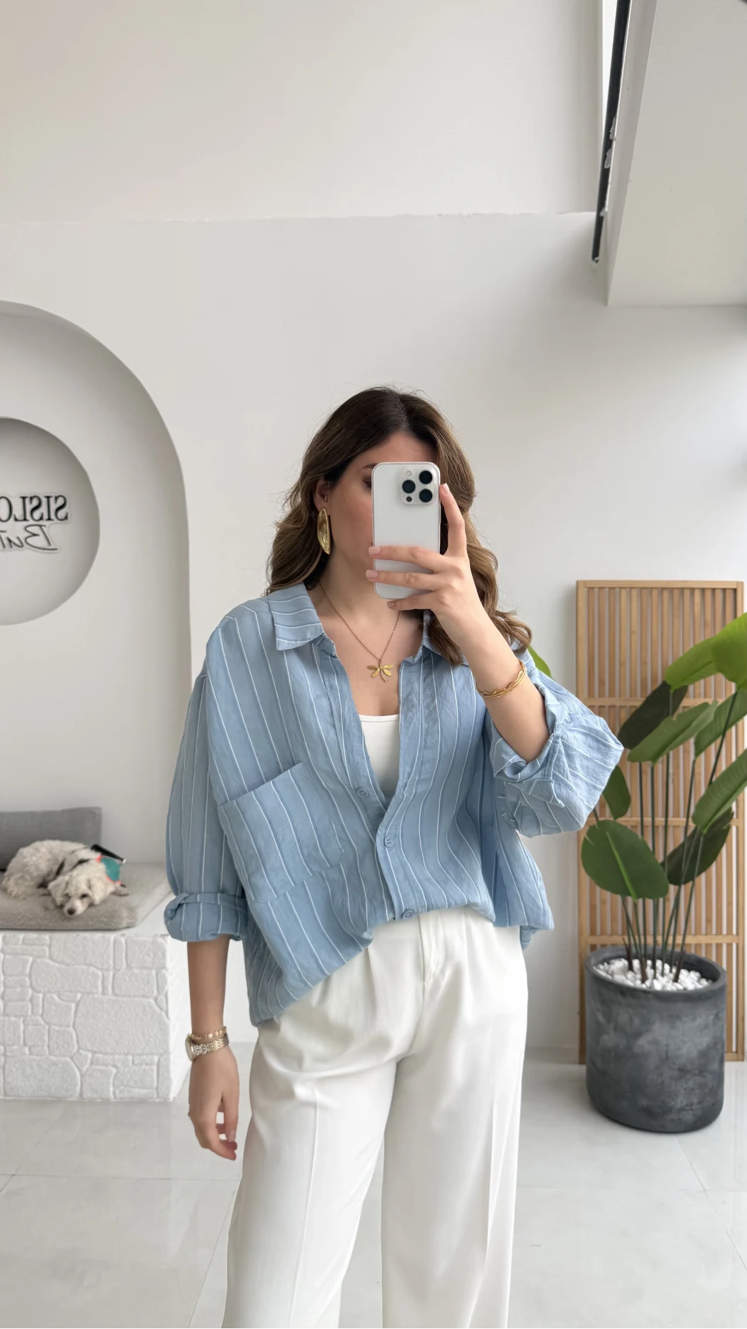 Tensel V Yaka Çizgili Gömlek - İndigo - Kod: 4758