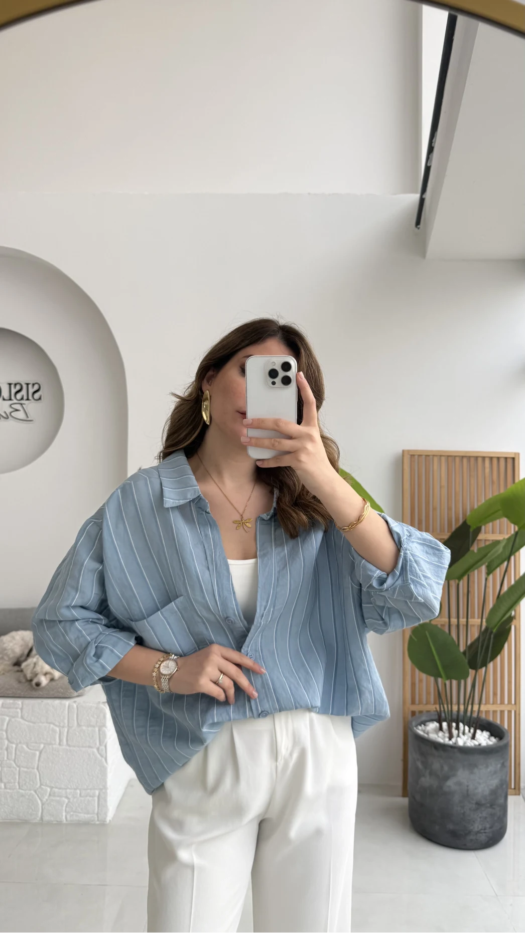 Tensel V Yaka Çizgili Gömlek - İndigo - Kod: 4758