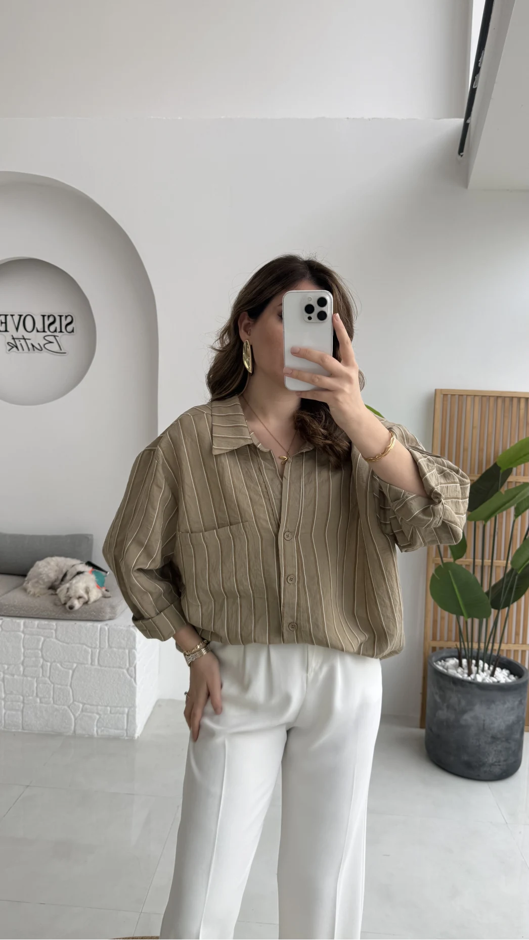 Tensel V Yaka Çizgili Gömlek - Olive - Kod: 4758