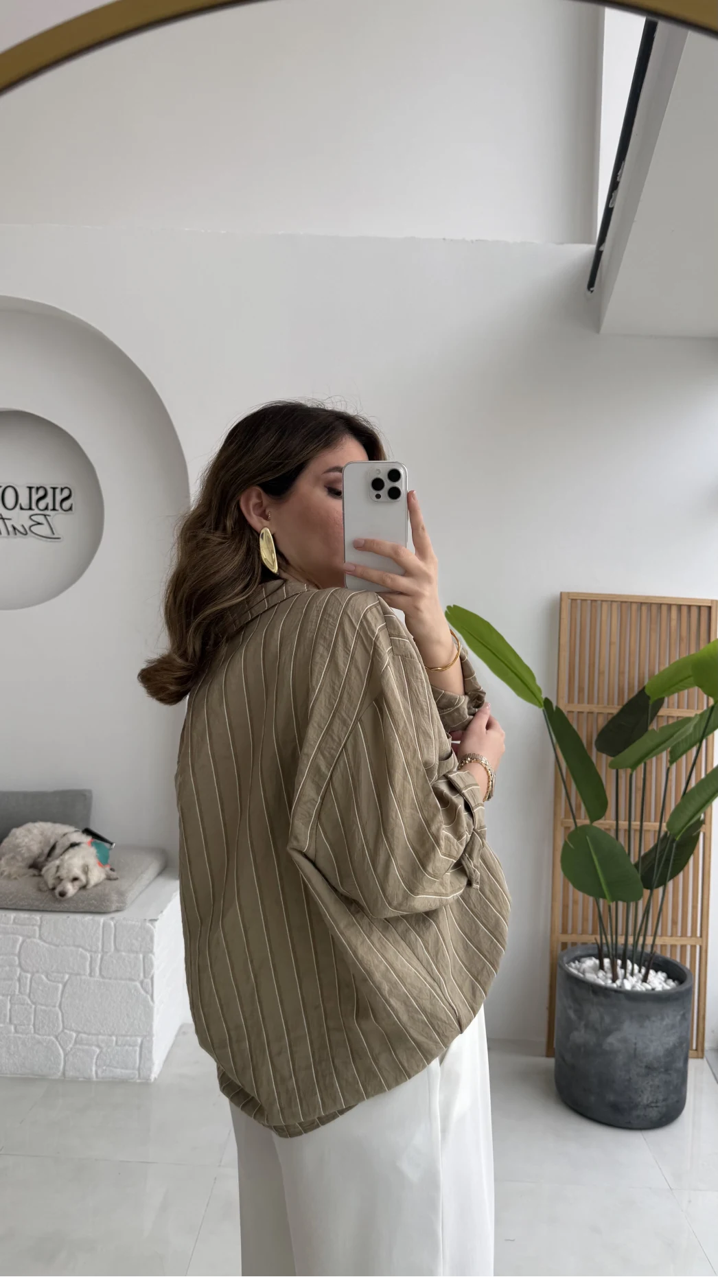 Tensel V Yaka Çizgili Gömlek - Olive - Kod: 4758