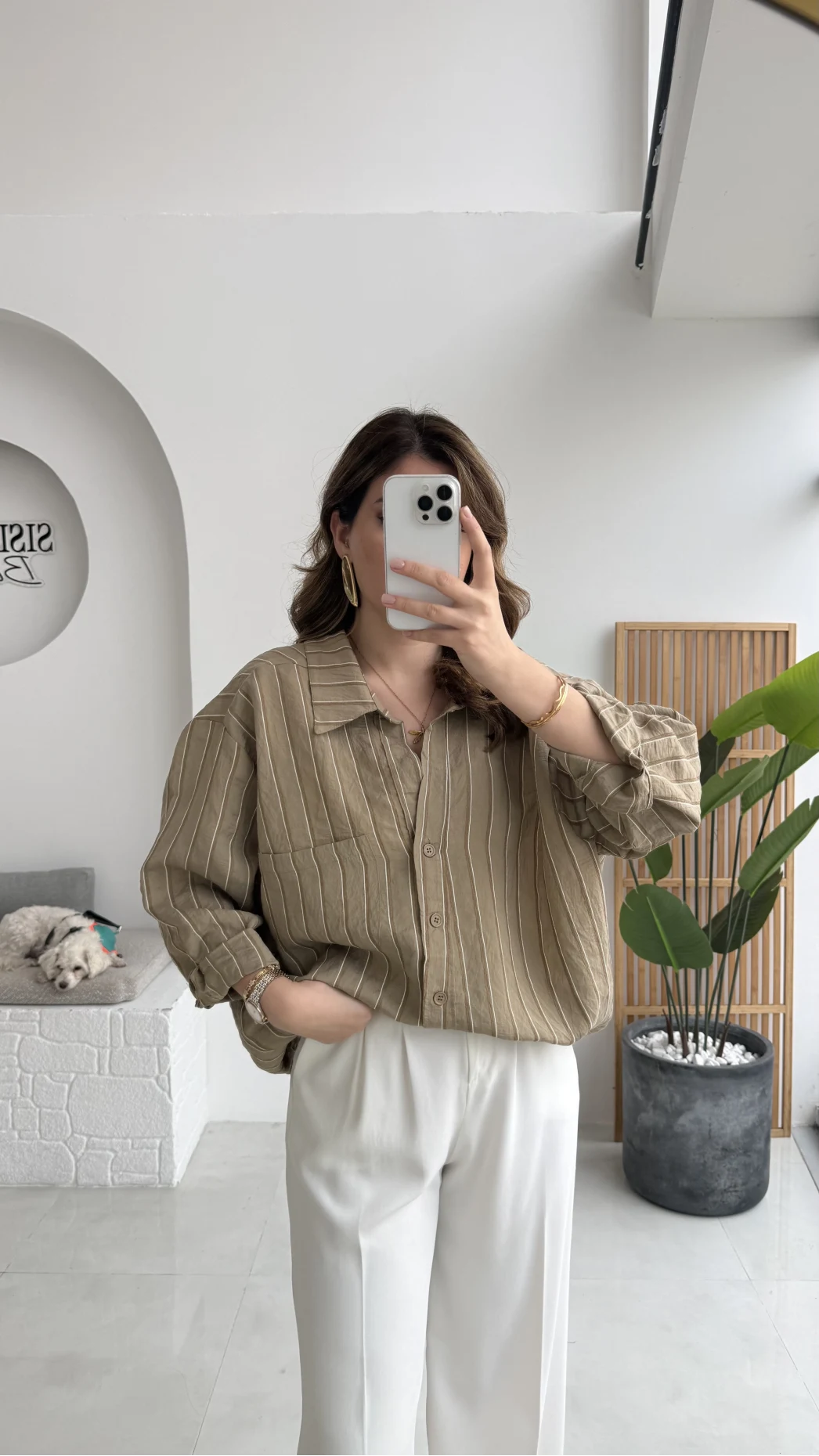 Tensel V Yaka Çizgili Gömlek - Olive - Kod: 4758