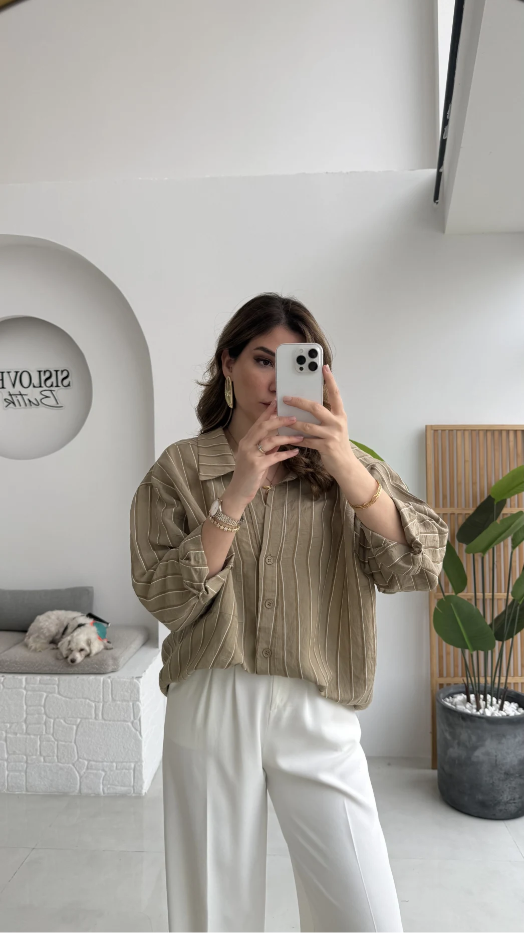 Tensel V Yaka Çizgili Gömlek - Olive - Kod: 4758