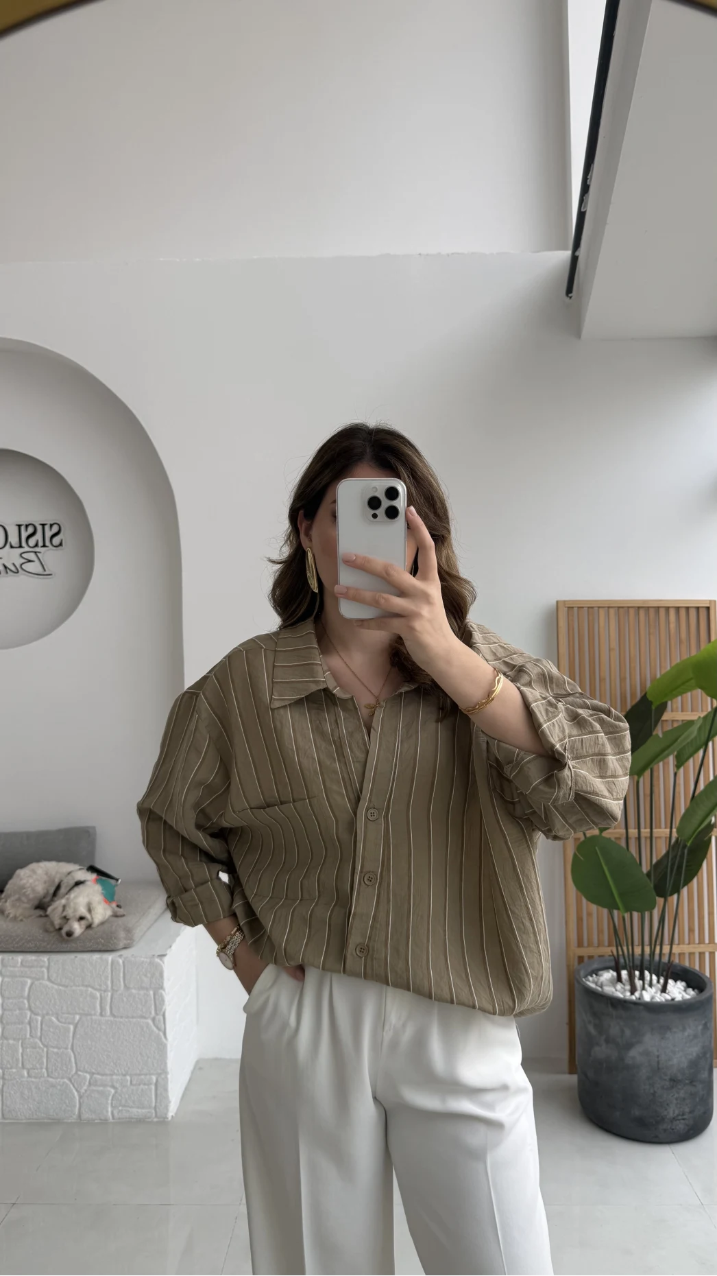 Tensel V Yaka Çizgili Gömlek - Olive - Kod: 4758