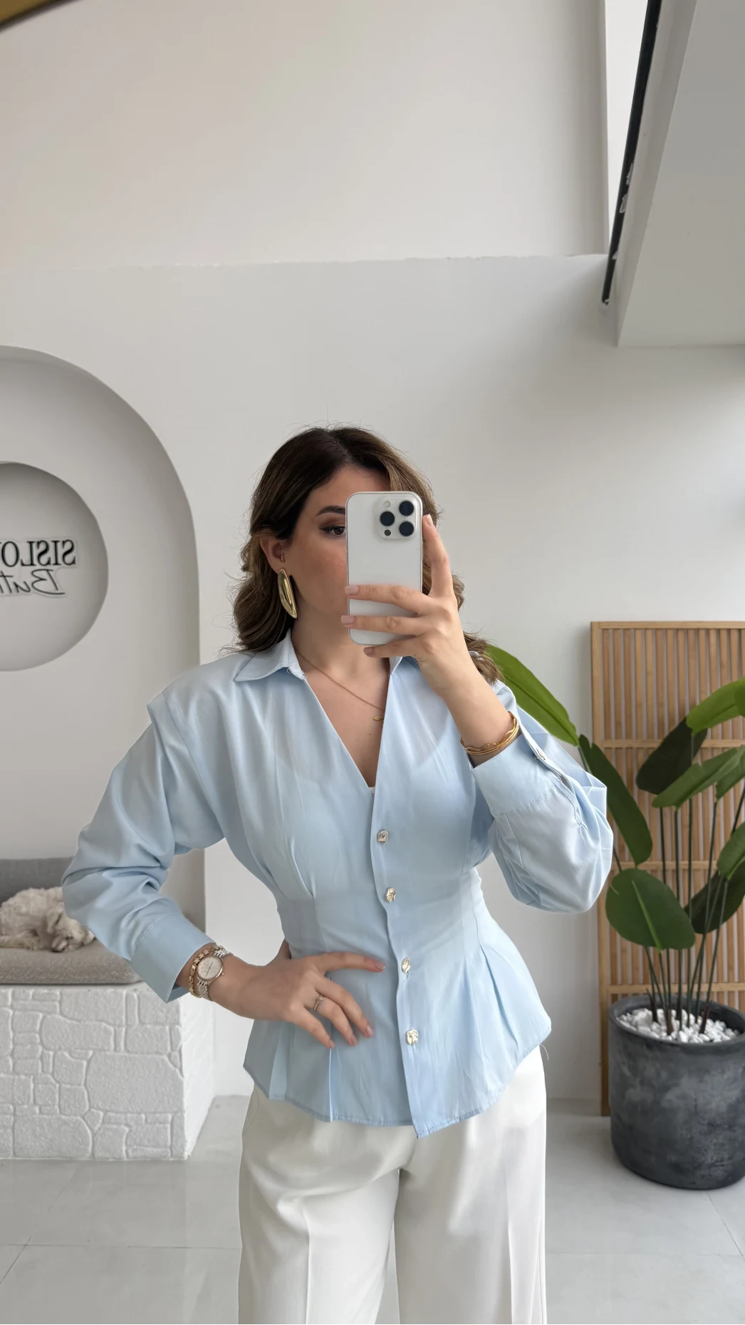 Missy Beli Pile Detay V Yaka Gömlek - Mavi - Kod: 2222