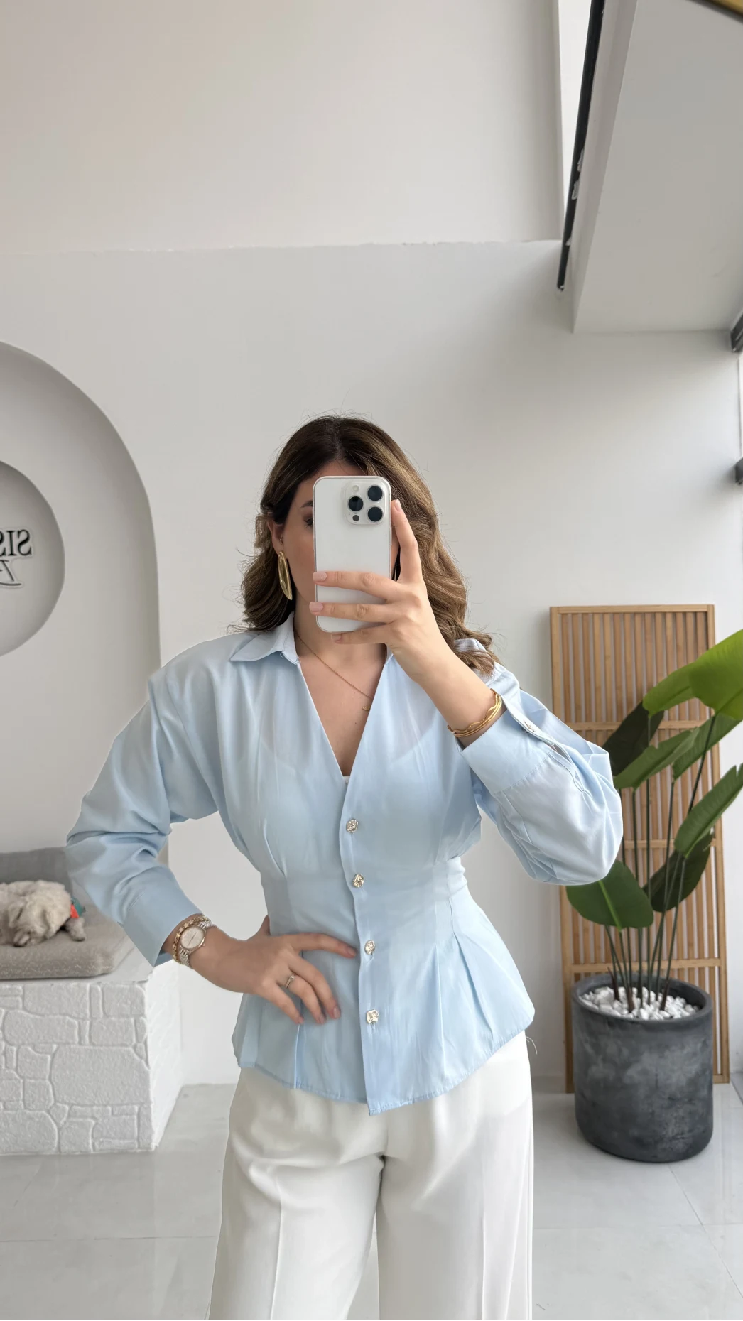 Missy Beli Pile Detay V Yaka Gömlek - Mavi - Kod: 2222