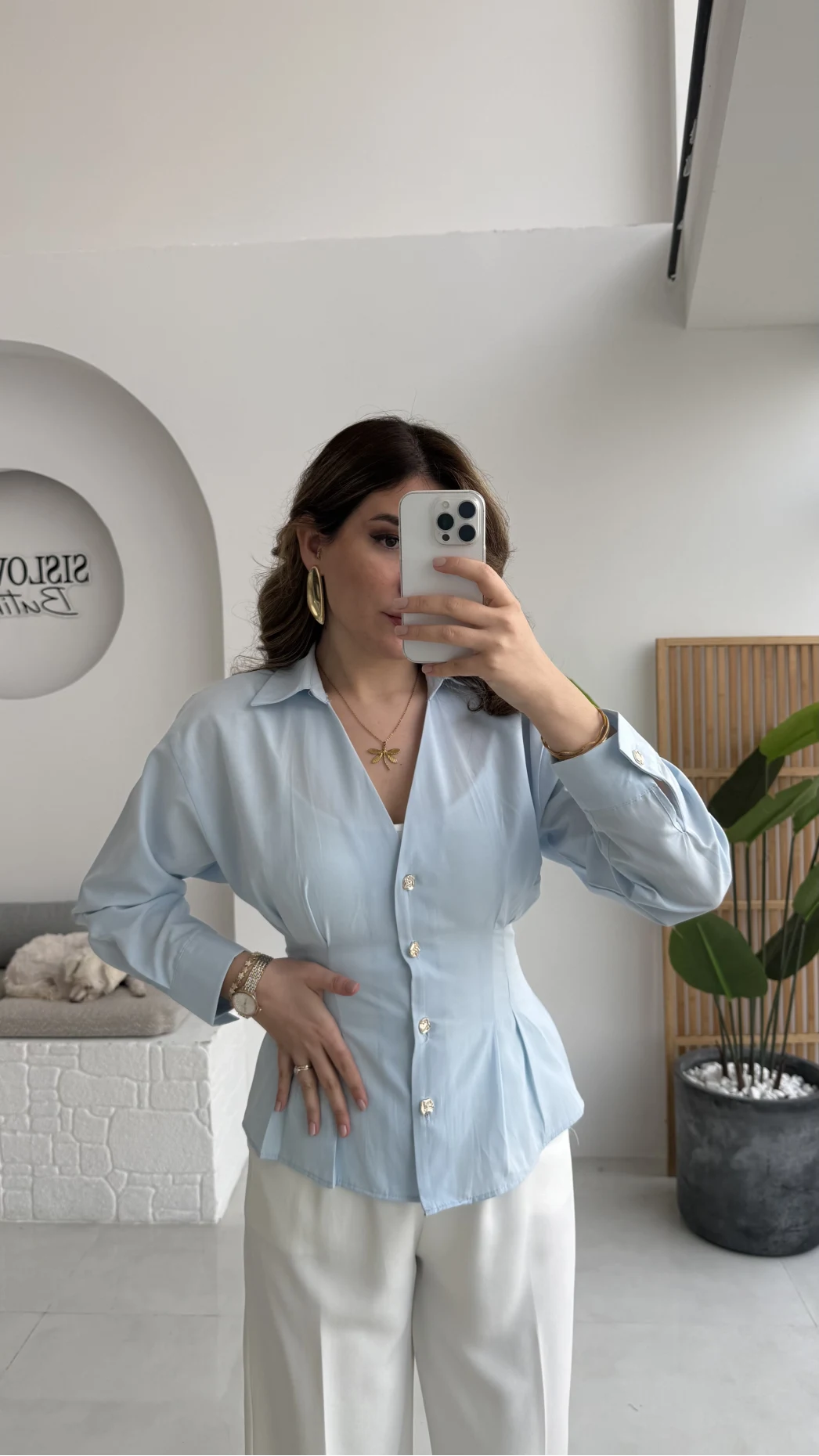 Missy Beli Pile Detay V Yaka Gömlek - Mavi - Kod: 2222