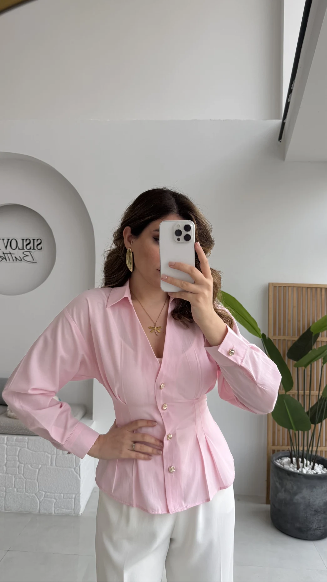 Missy Beli Pile Detay V Yaka Gömlek - Pembe - Kod: 2222