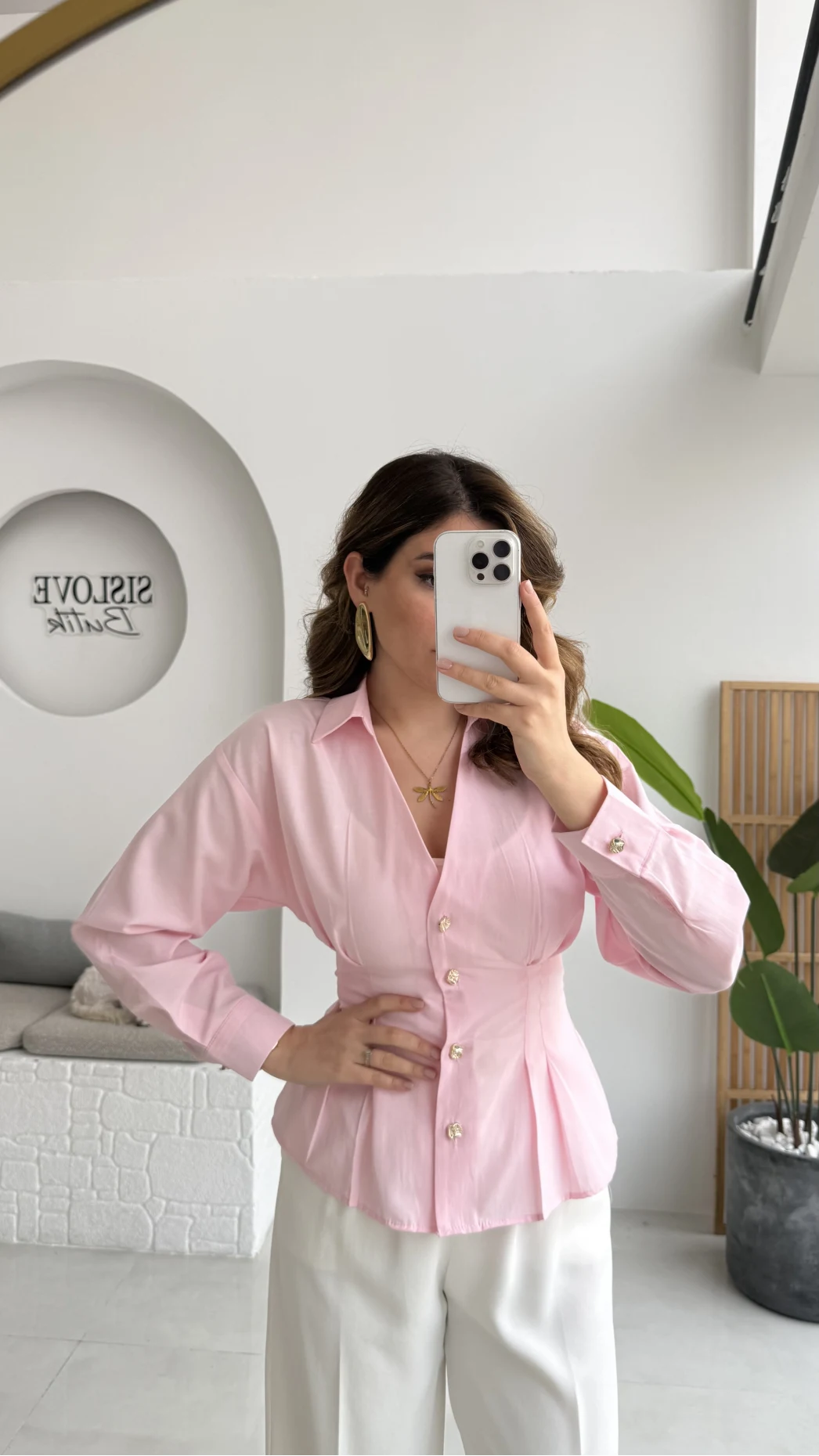 Missy Beli Pile Detay V Yaka Gömlek - Pembe - Kod: 2222