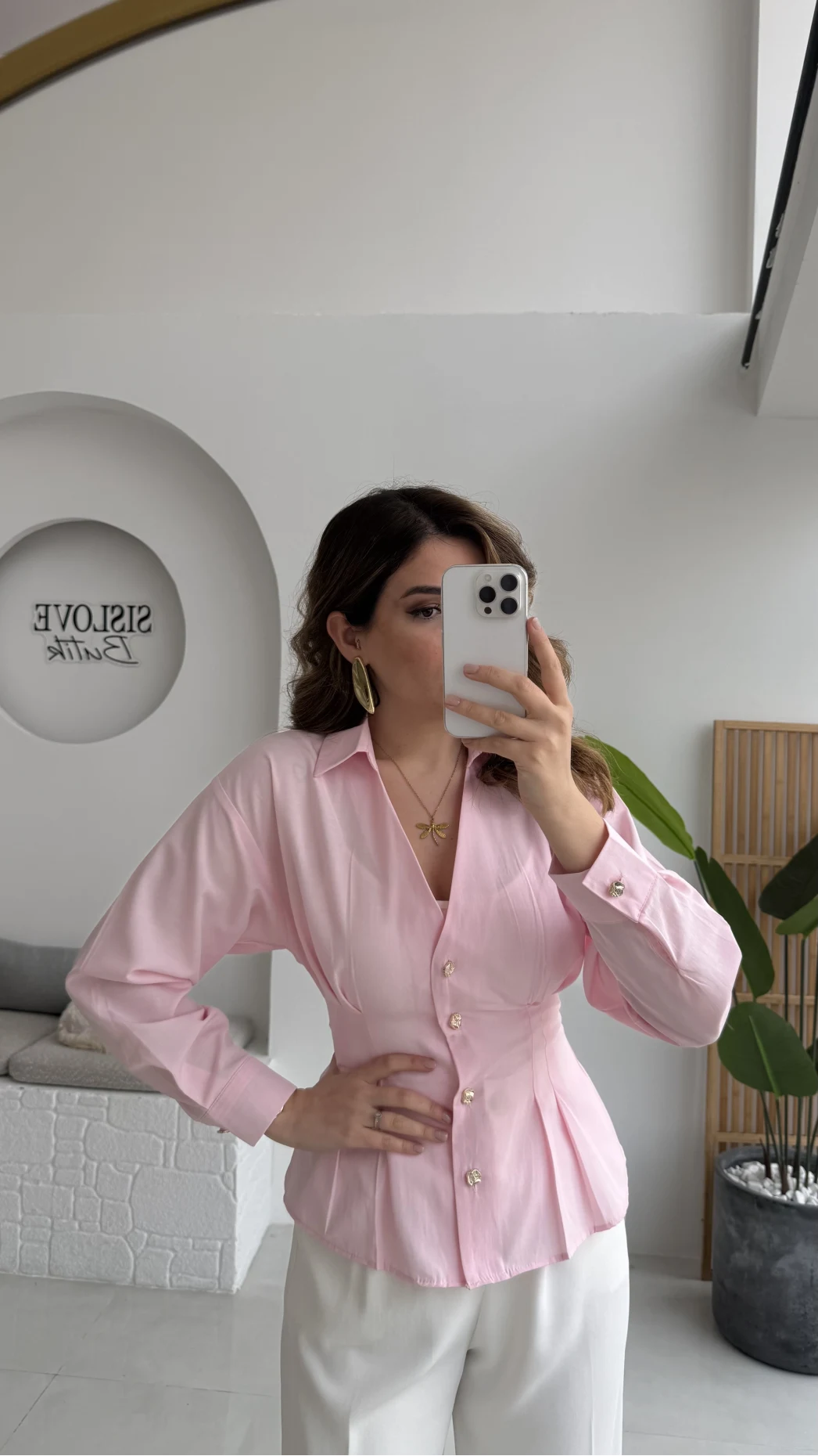 Missy Beli Pile Detay V Yaka Gömlek - Pembe - Kod: 2222