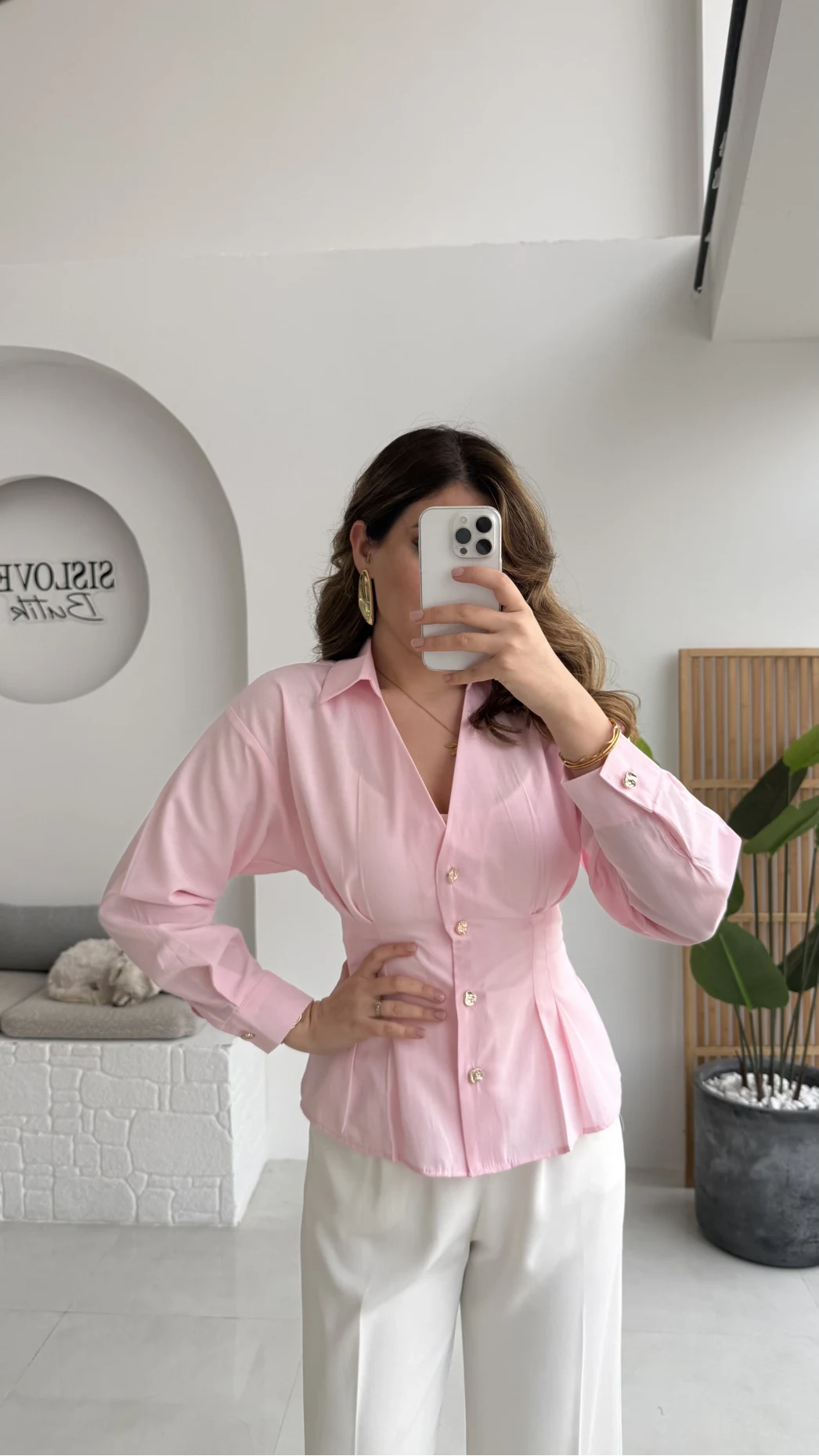 Missy Beli Pile Detay V Yaka Gömlek - Pembe - Kod: 2222