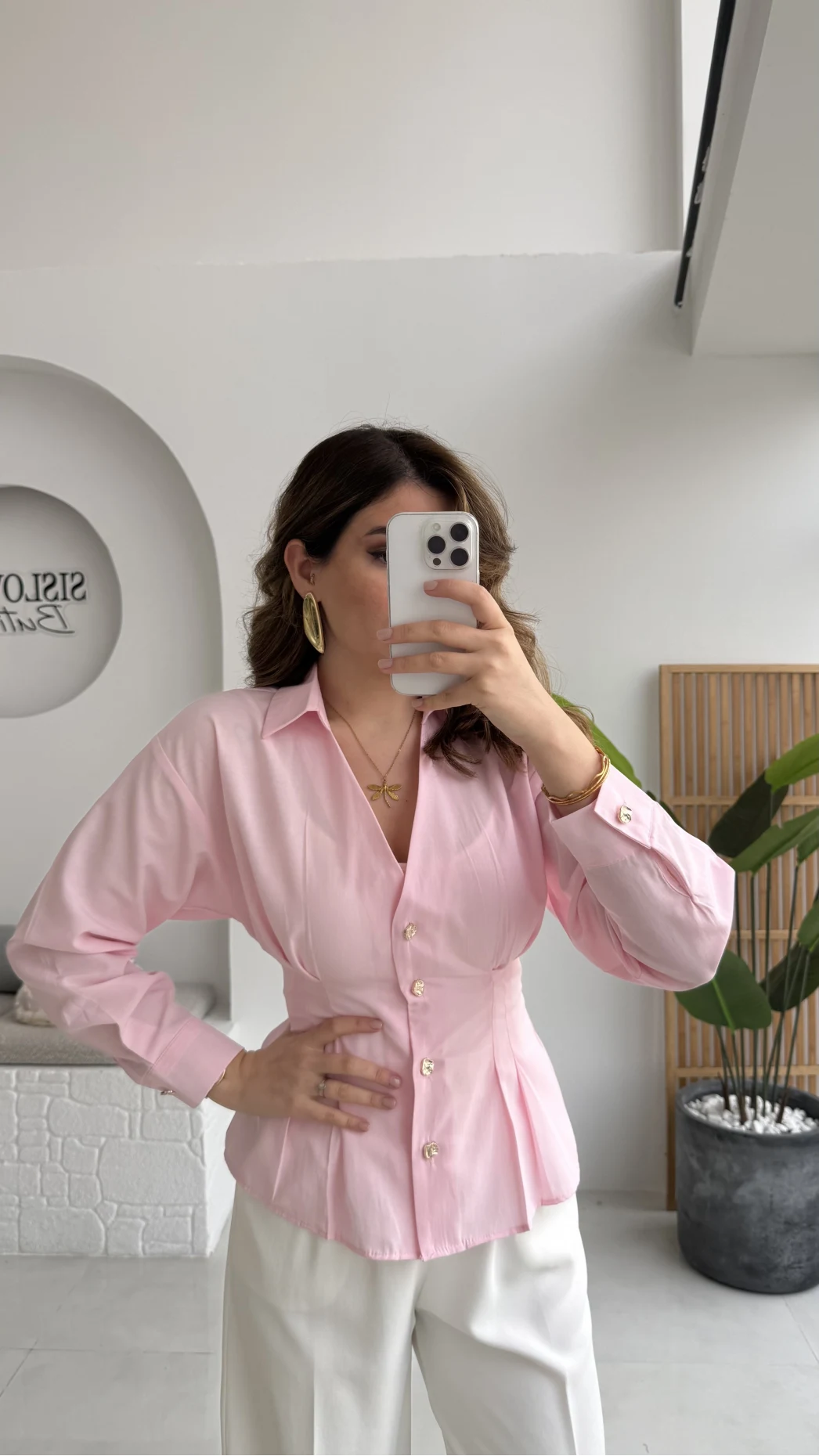 Missy Beli Pile Detay V Yaka Gömlek - Pembe - Kod: 2222