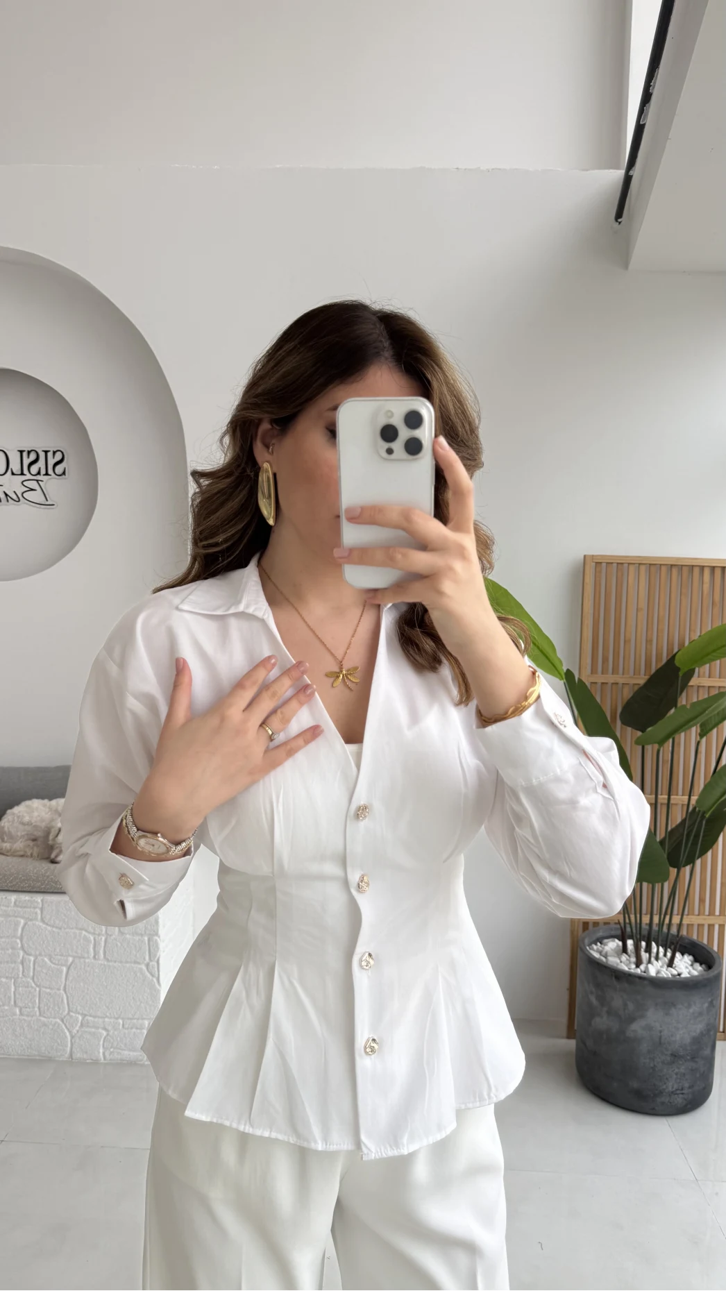 Missy Beli Pile Detay V Yaka Gömlek - Beyaz - Kod: 2222