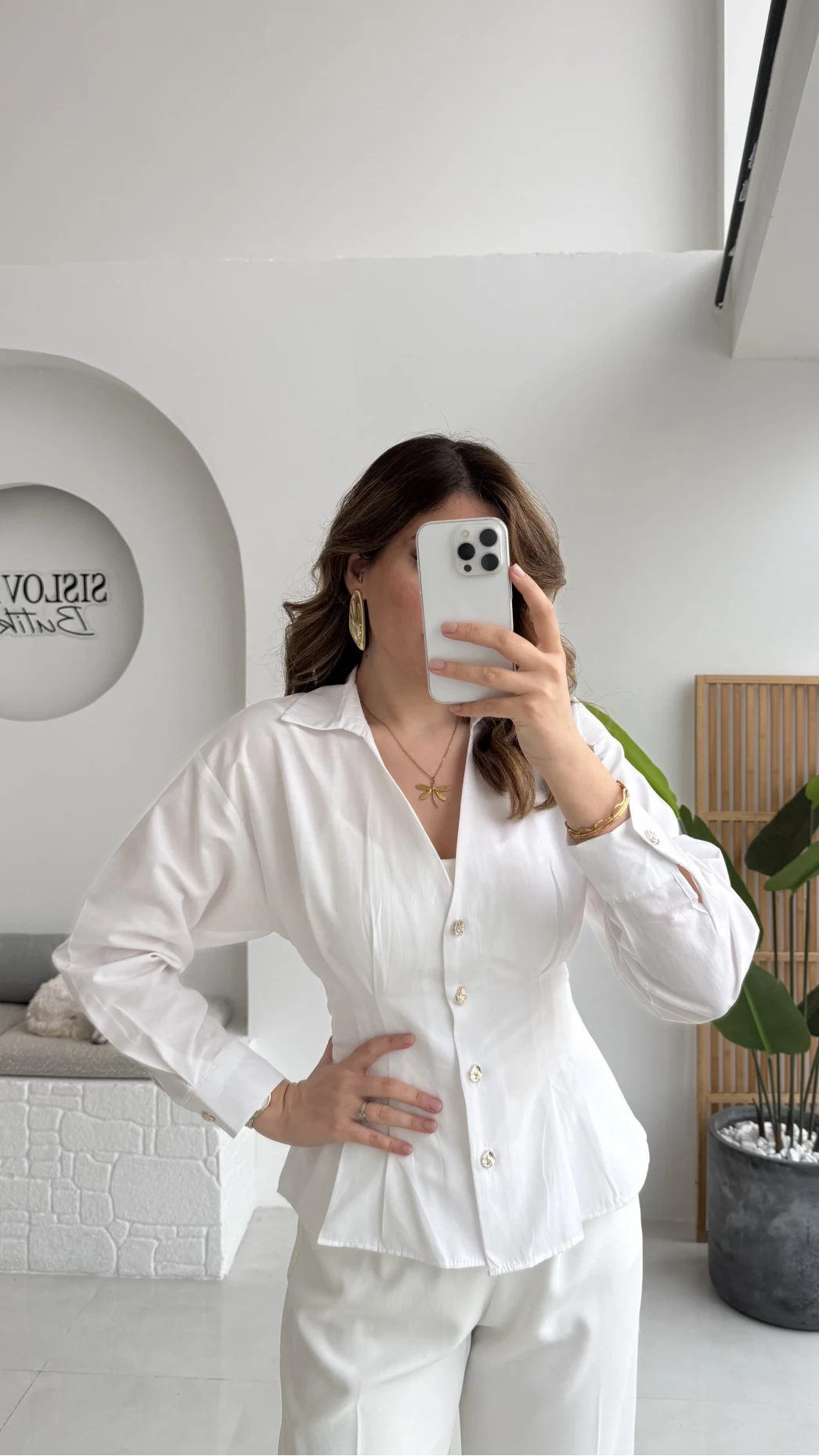 Missy Beli Pile Detay V Yaka Gömlek - Beyaz - Kod: 2222