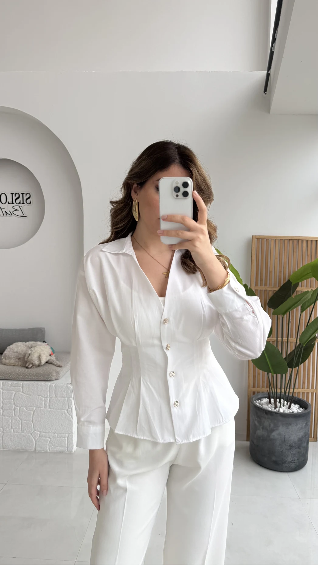 Missy Beli Pile Detay V Yaka Gömlek - Beyaz - Kod: 2222