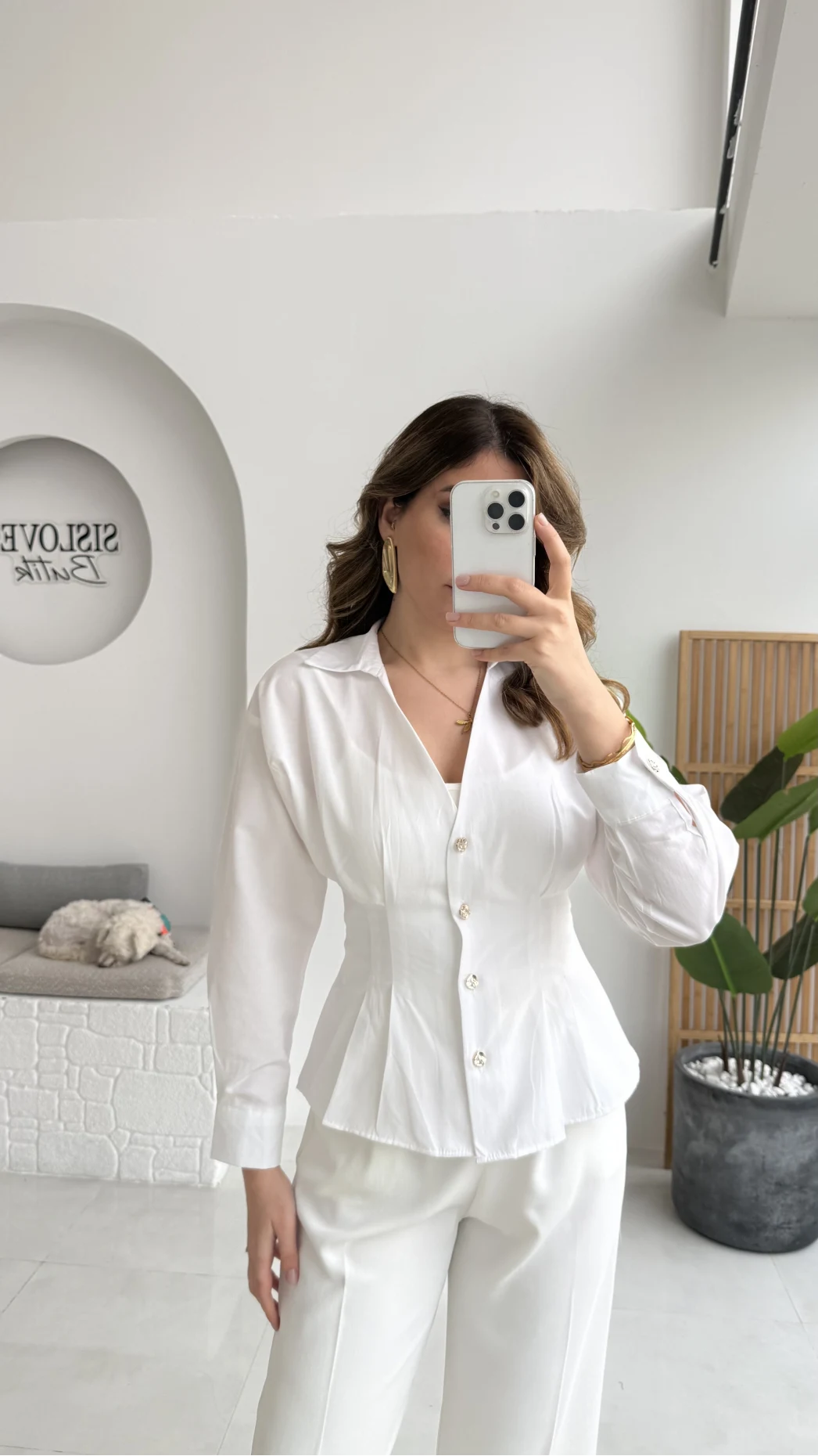 Missy Beli Pile Detay V Yaka Gömlek - Beyaz - Kod: 2222