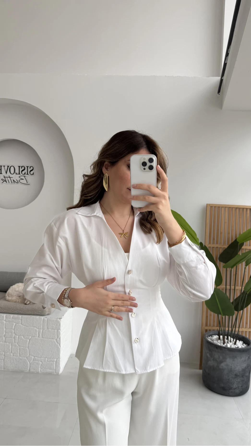 Missy Beli Pile Detay V Yaka Gömlek - Beyaz - Kod: 2222