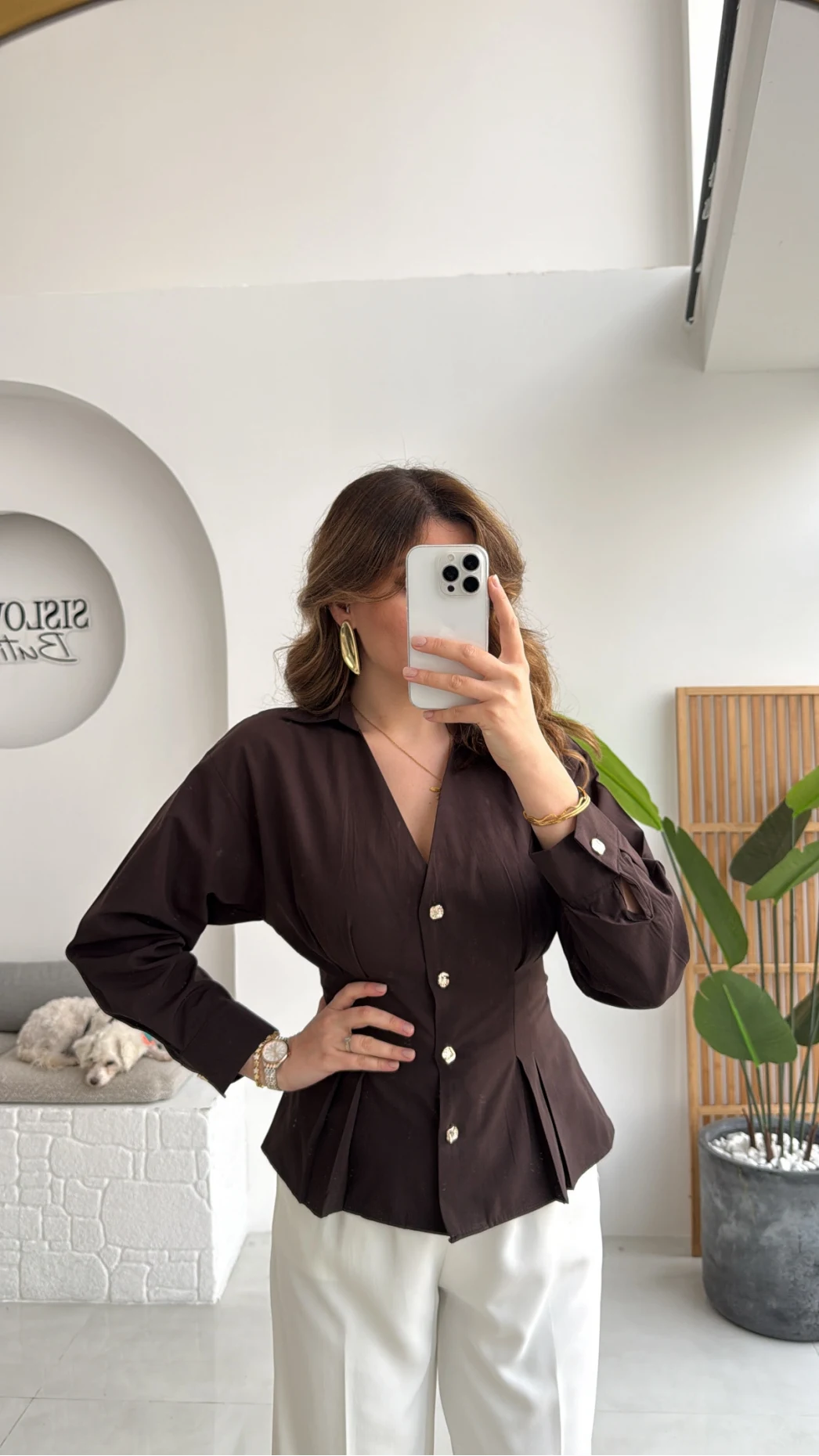 Missy Beli Pile Detay V Yaka Gömlek - Acı Kahve - Kod: 2222