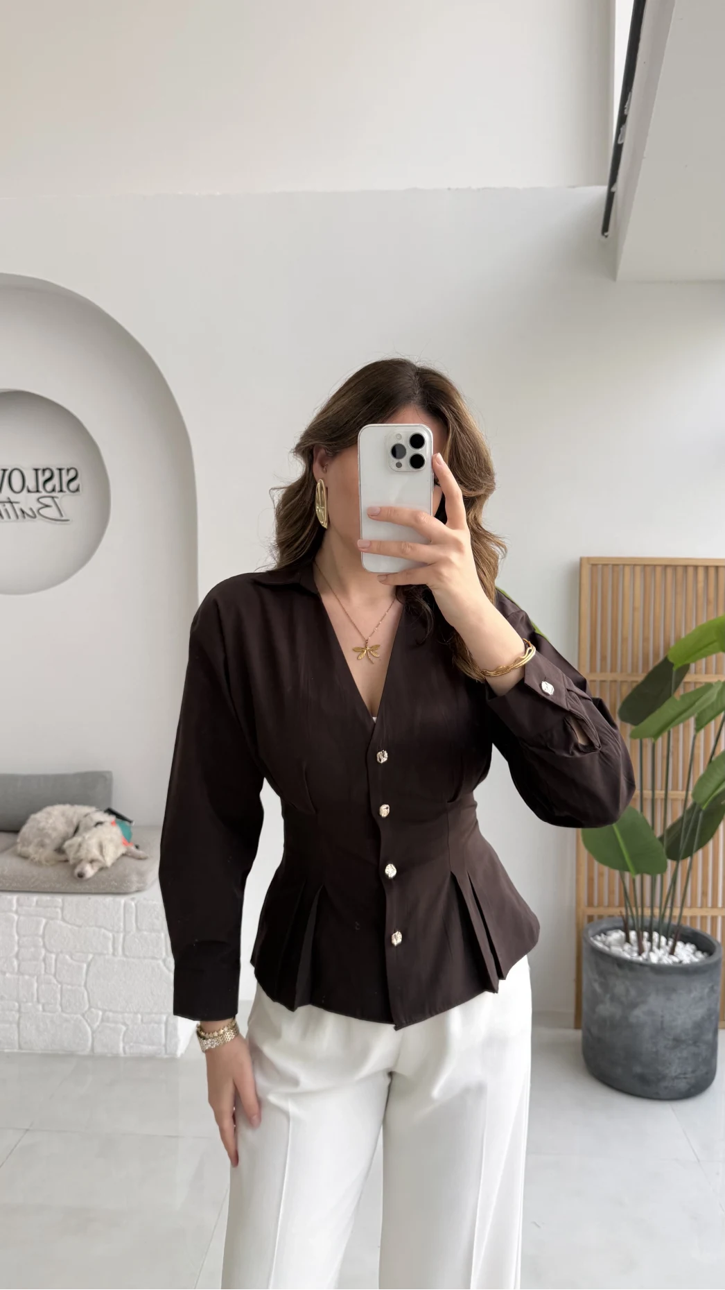 Missy Beli Pile Detay V Yaka Gömlek - Acı Kahve - Kod: 2222