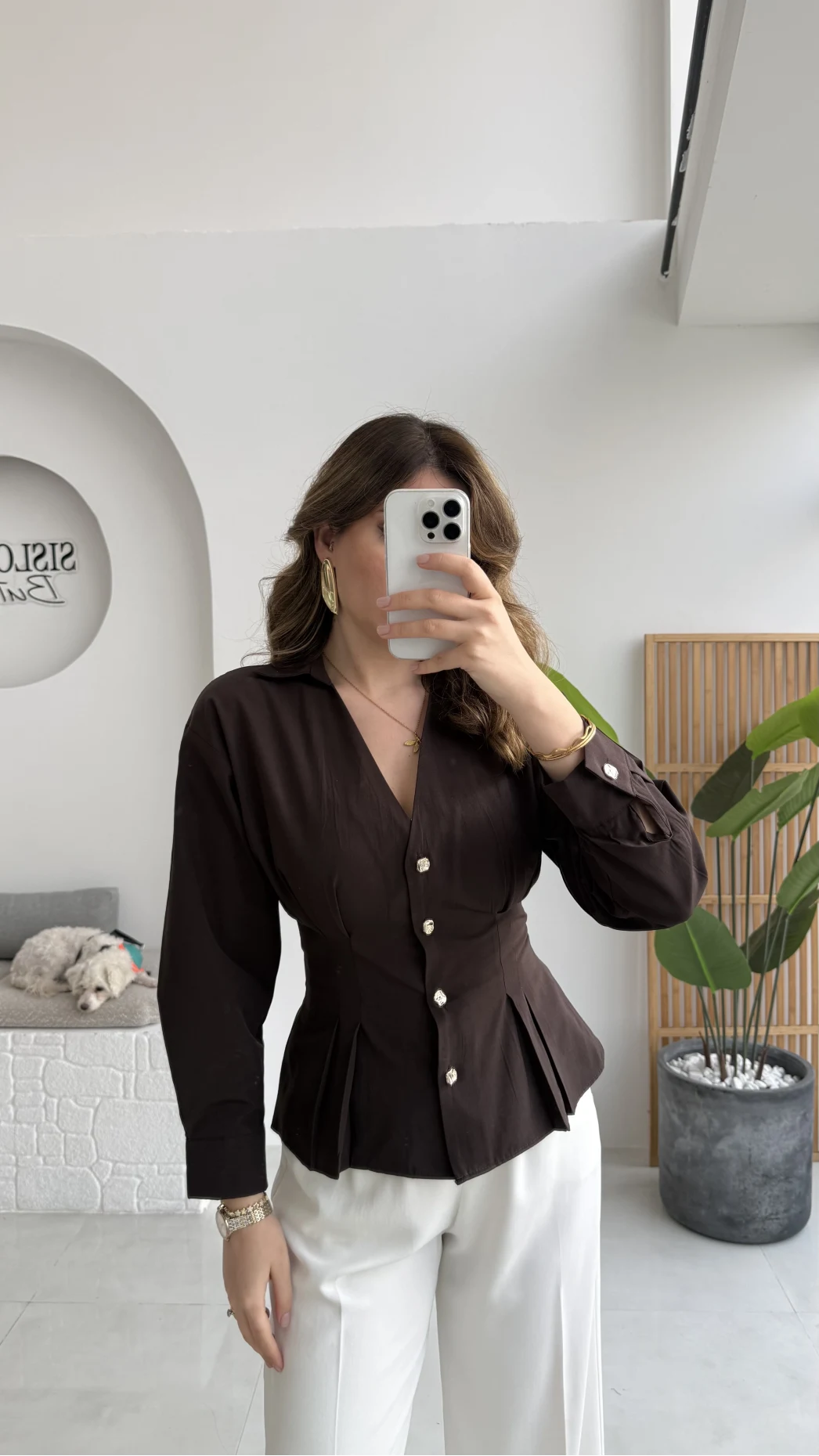 Missy Beli Pile Detay V Yaka Gömlek - Acı Kahve - Kod: 2222