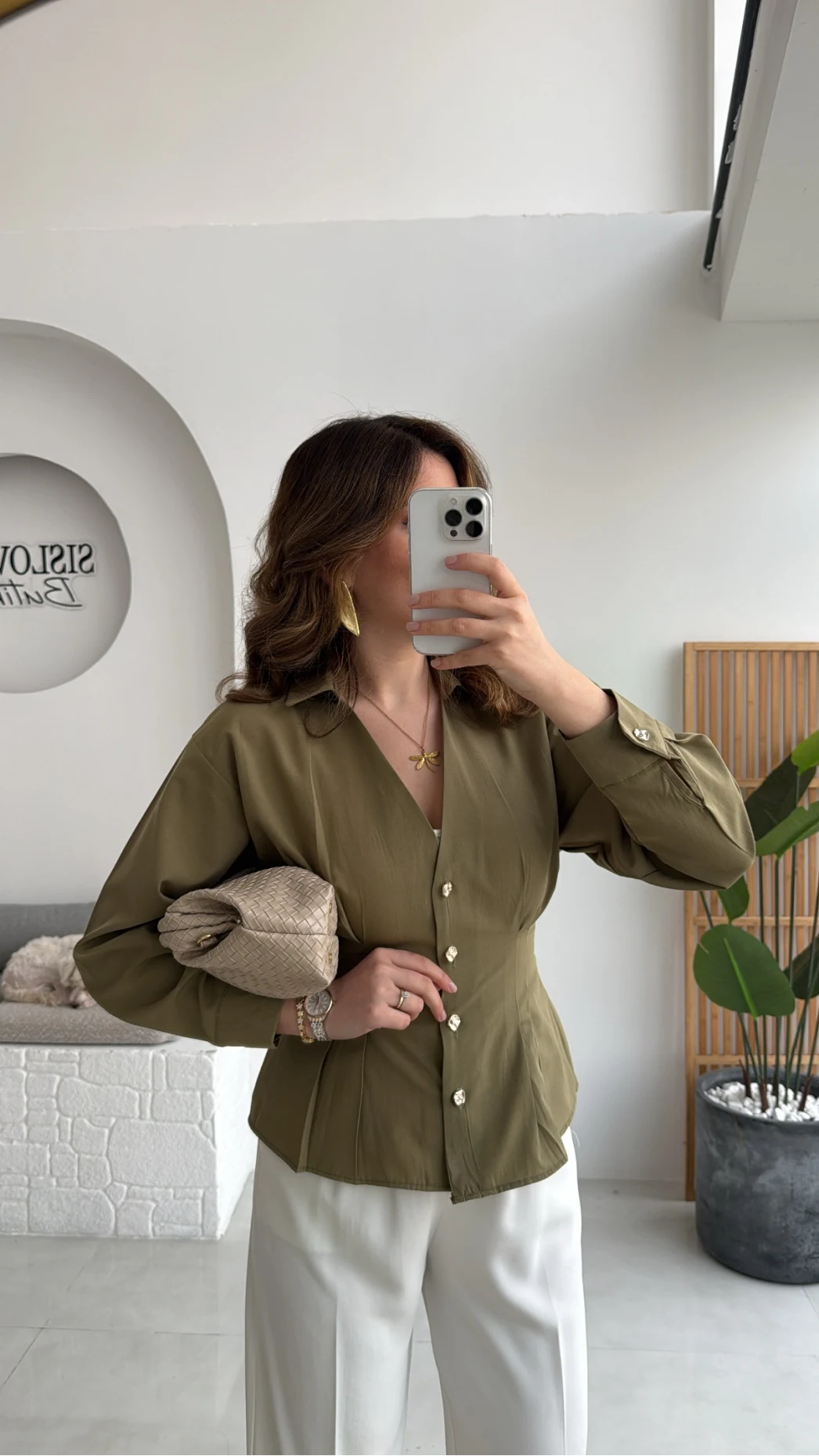 Missy Beli Pile Detay V Yaka Gömlek - Haki - Kod: 2222